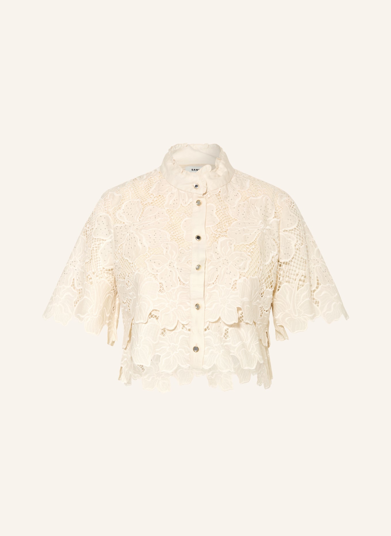 SANDRO Spitzenbluse mit Rüschen und Schmuckperlen: CREME