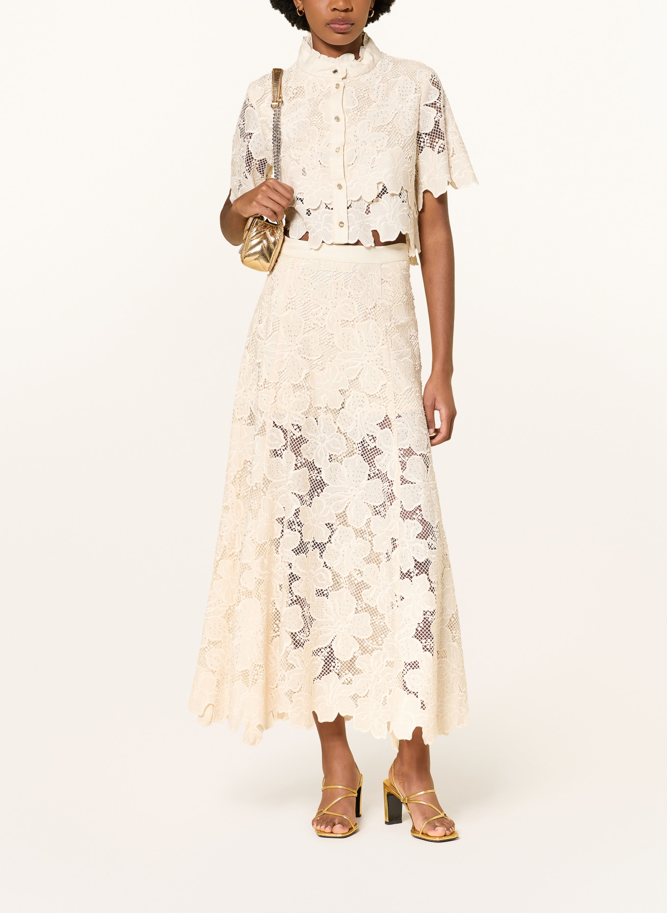 SANDRO Spitzenrock mit Schmuckperlen: CREME