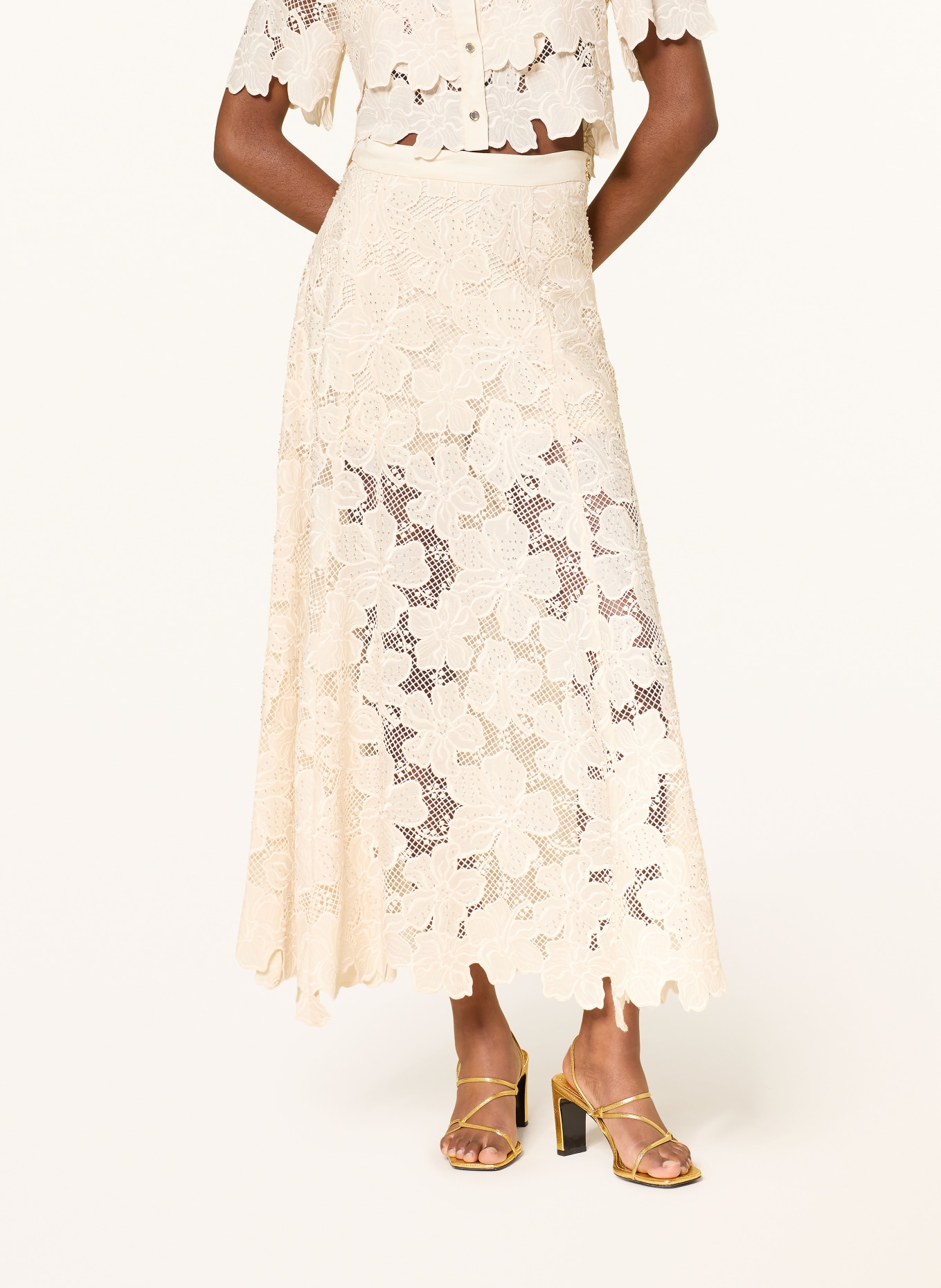 SANDRO Spitzenrock mit Schmuckperlen: CREME