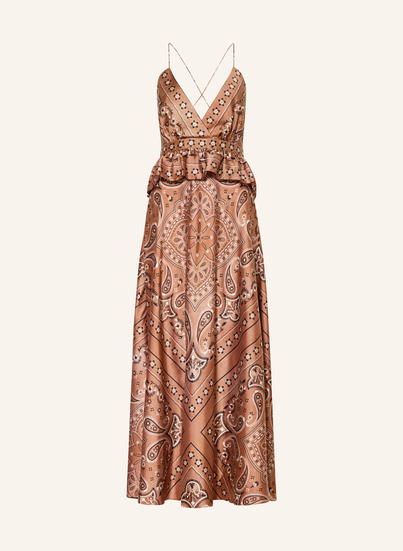 SANDRO Satinkleid mit Rüschen: BRAUN / WEISS / SCHWARZ