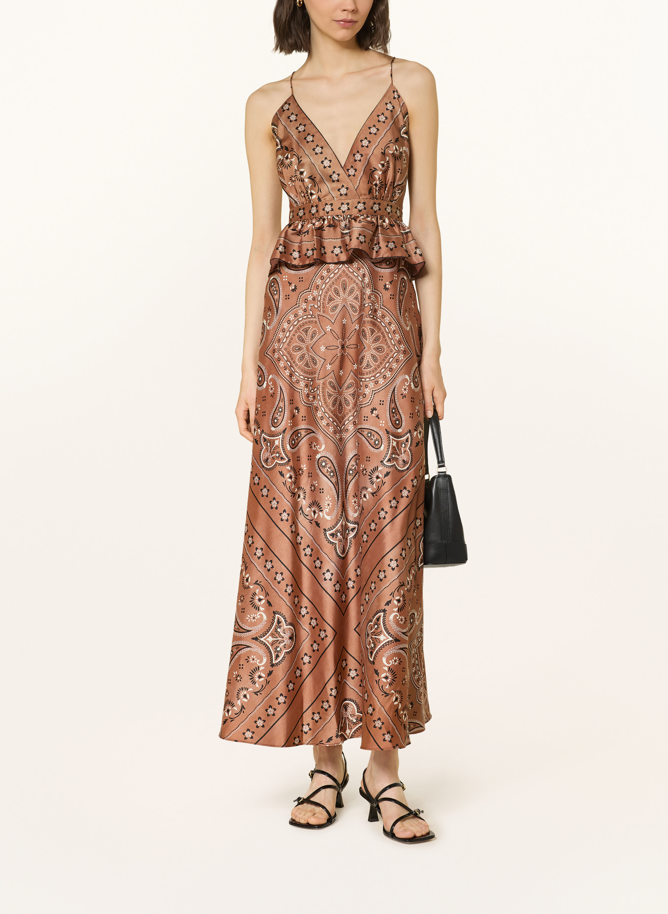 SANDRO Satinkleid mit Rüschen: BRAUN / WEISS / SCHWARZ