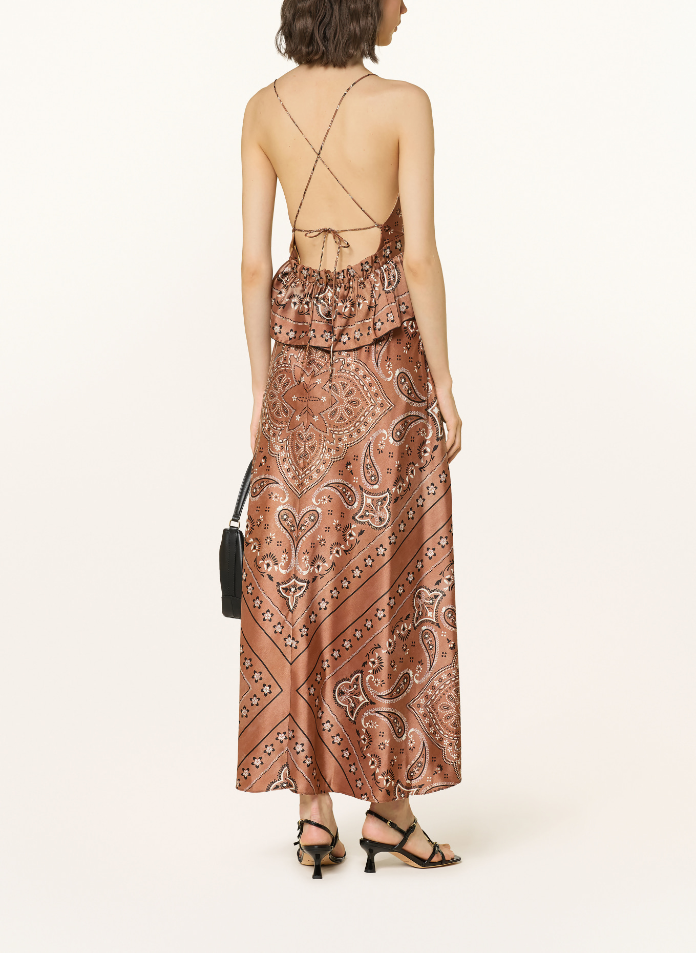 SANDRO Satinkleid mit Rüschen: BRAUN / WEISS / SCHWARZ