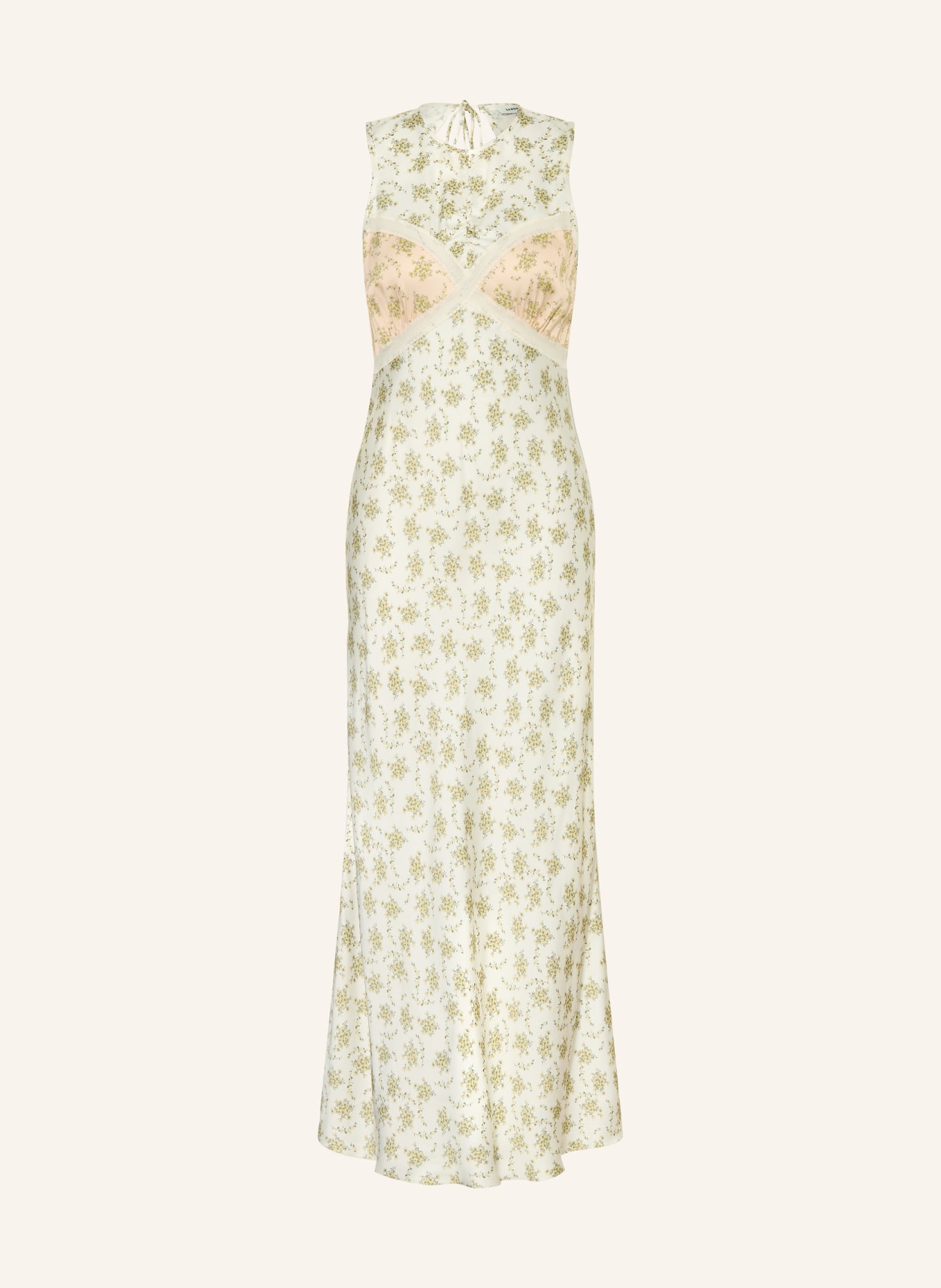 SANDRO Satinkleid mit Spitze: CREME / HELLORANGE / OLIV