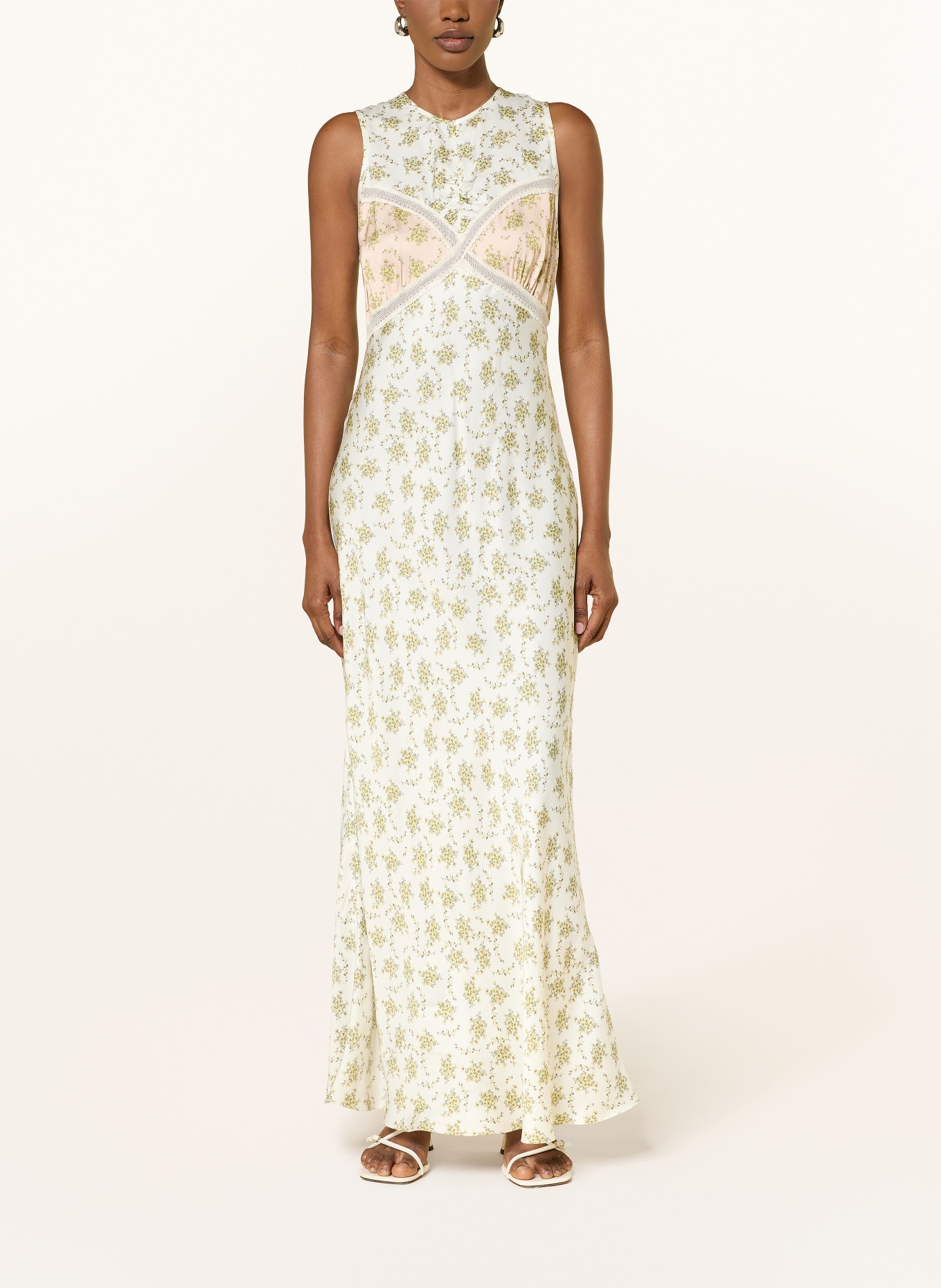 SANDRO Satinkleid mit Spitze: CREME / HELLORANGE / OLIV