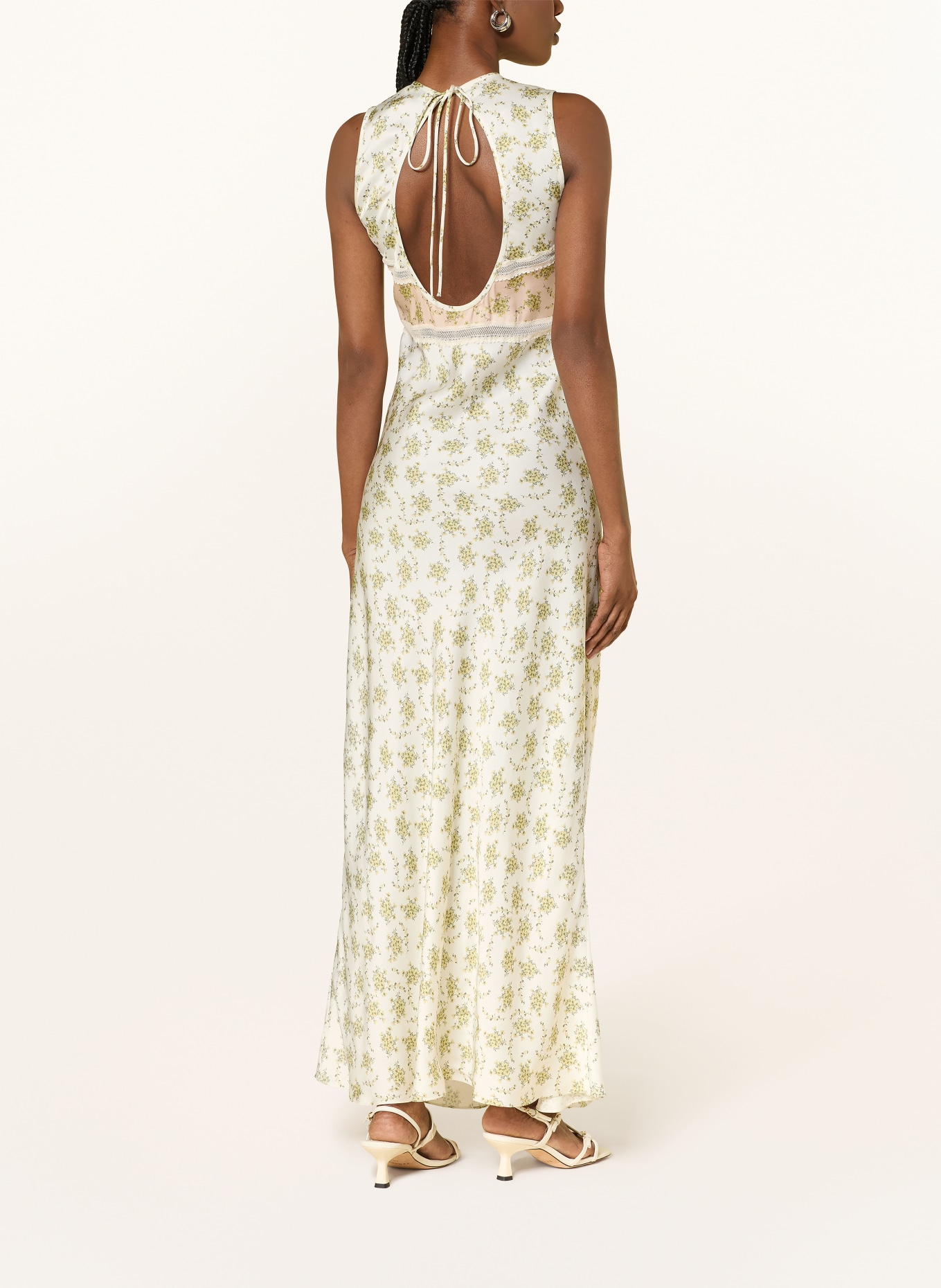 SANDRO Satinkleid mit Spitze: CREME / HELLORANGE / OLIV