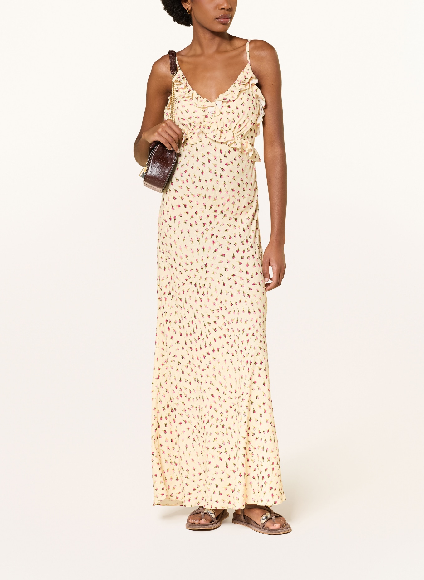 SANDRO Kleid mit Rüschen: HELLBRAUN / PINK / DUNKELGRÜN