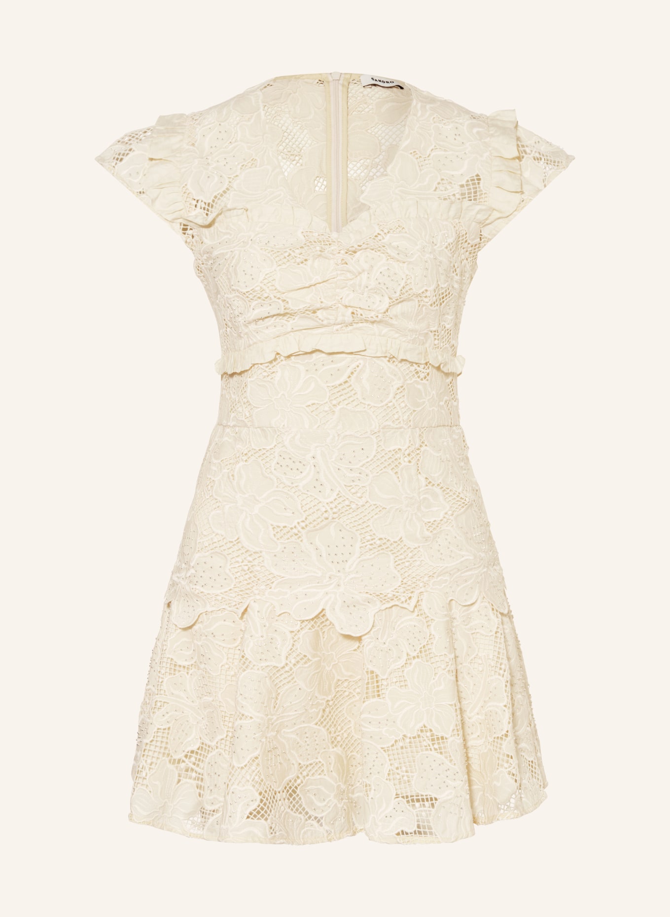 SANDRO Kleid aus Lochspitze mit Schmucksteinbesatz: ECRU