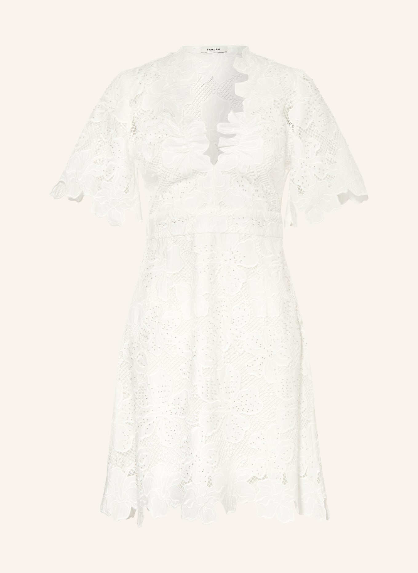SANDRO Spitzenkleid mit Schmuckperlen: WEISS / SILBER