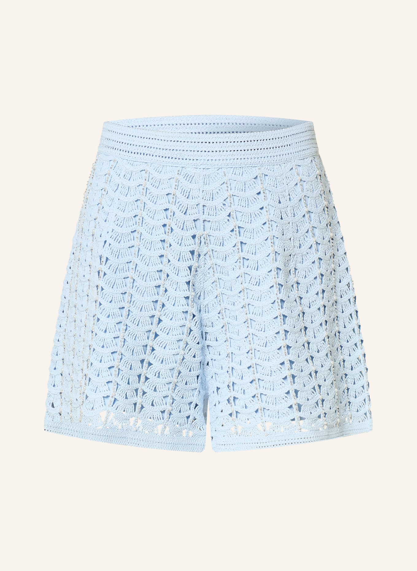 SANDRO Strickshorts mit Schmuckperlen: HELLBLAU / SILBER / WEISS
