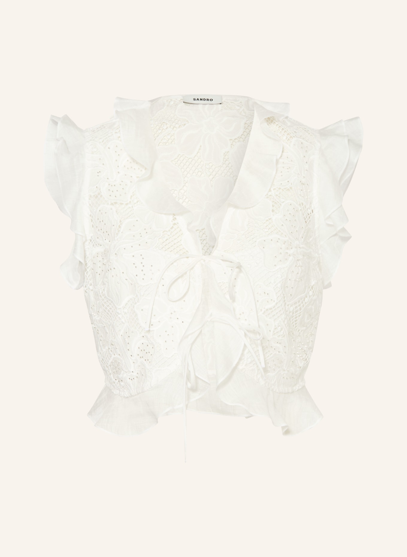 SANDRO Cropped-Blusentop mit Lochspitze und Schmucksteinen: WEISS