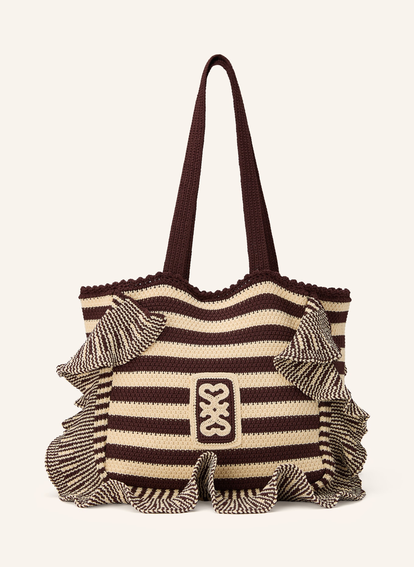 SANDRO Shopper mit Volants: ECRU / DUNKELBRAUN