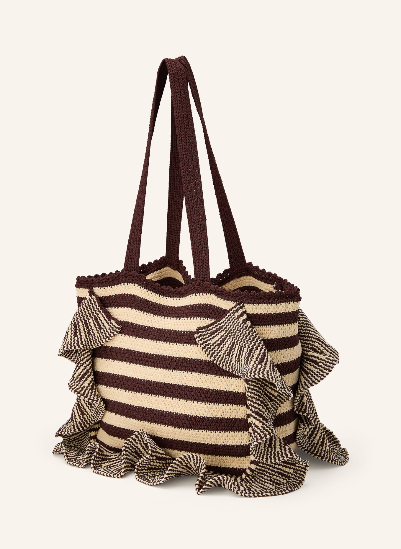 SANDRO Shopper mit Volants: ECRU / DUNKELBRAUN