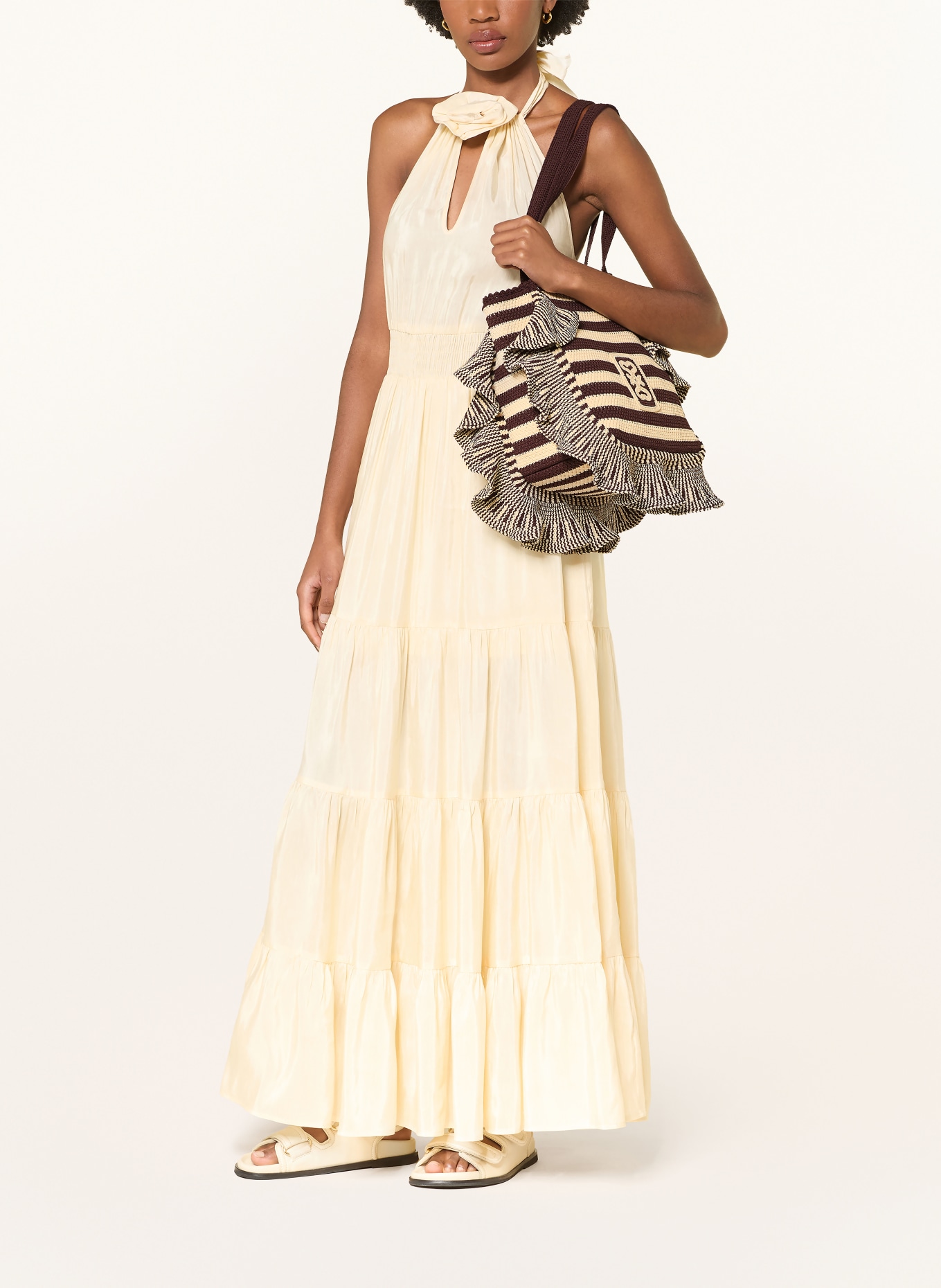 SANDRO Shopper mit Volants: ECRU / DUNKELBRAUN