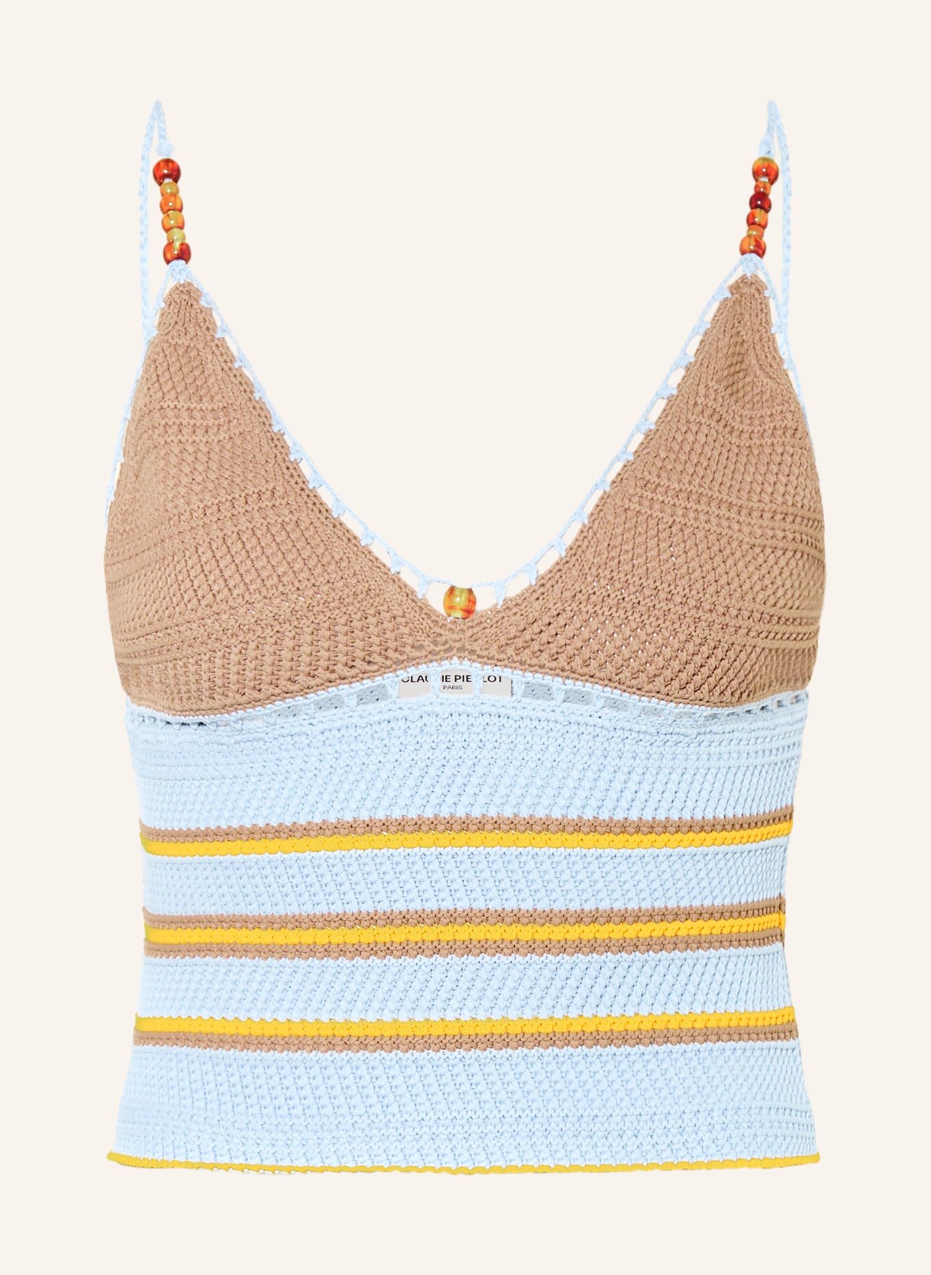 CLAUDIE PIERLOT Häkeltop mit Schmuckperlen: HELLBLAU / CAMEL / DUNKELGELB