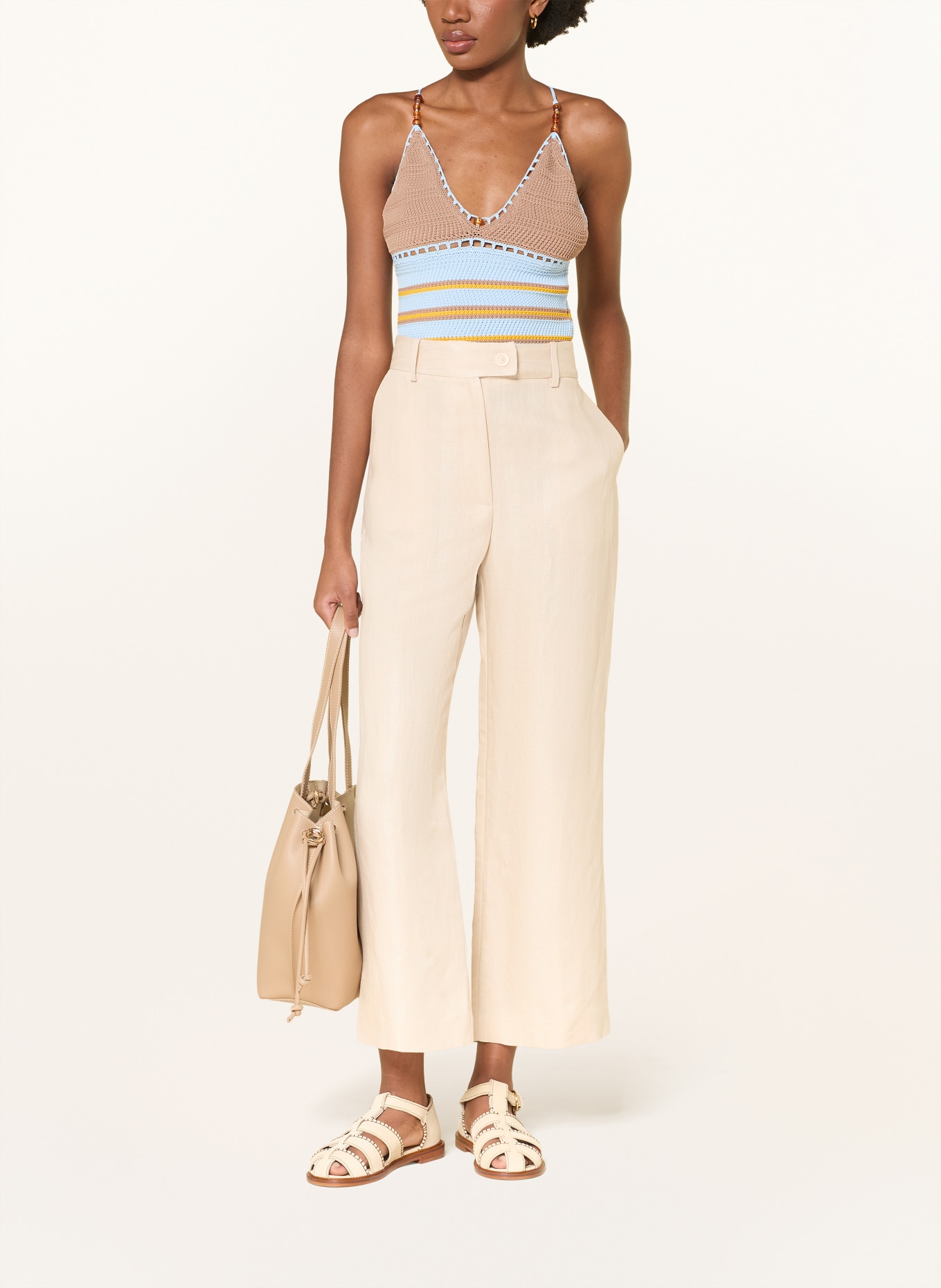 CLAUDIE PIERLOT Häkeltop mit Schmuckperlen: HELLBLAU / CAMEL / DUNKELGELB