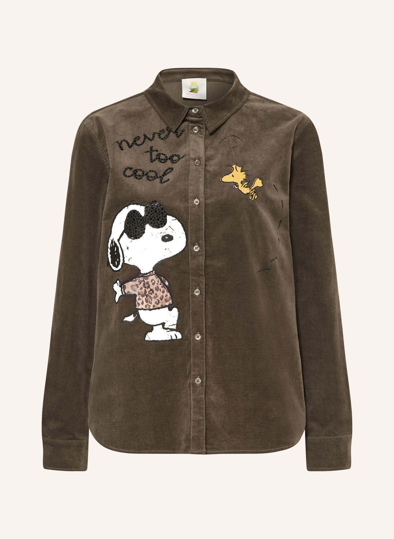Princess GOES HOLLYWOOD Hemdbluse SNOOPY aus Cord und mit Schmucksteinen: KHAKI / GELB / WEISS