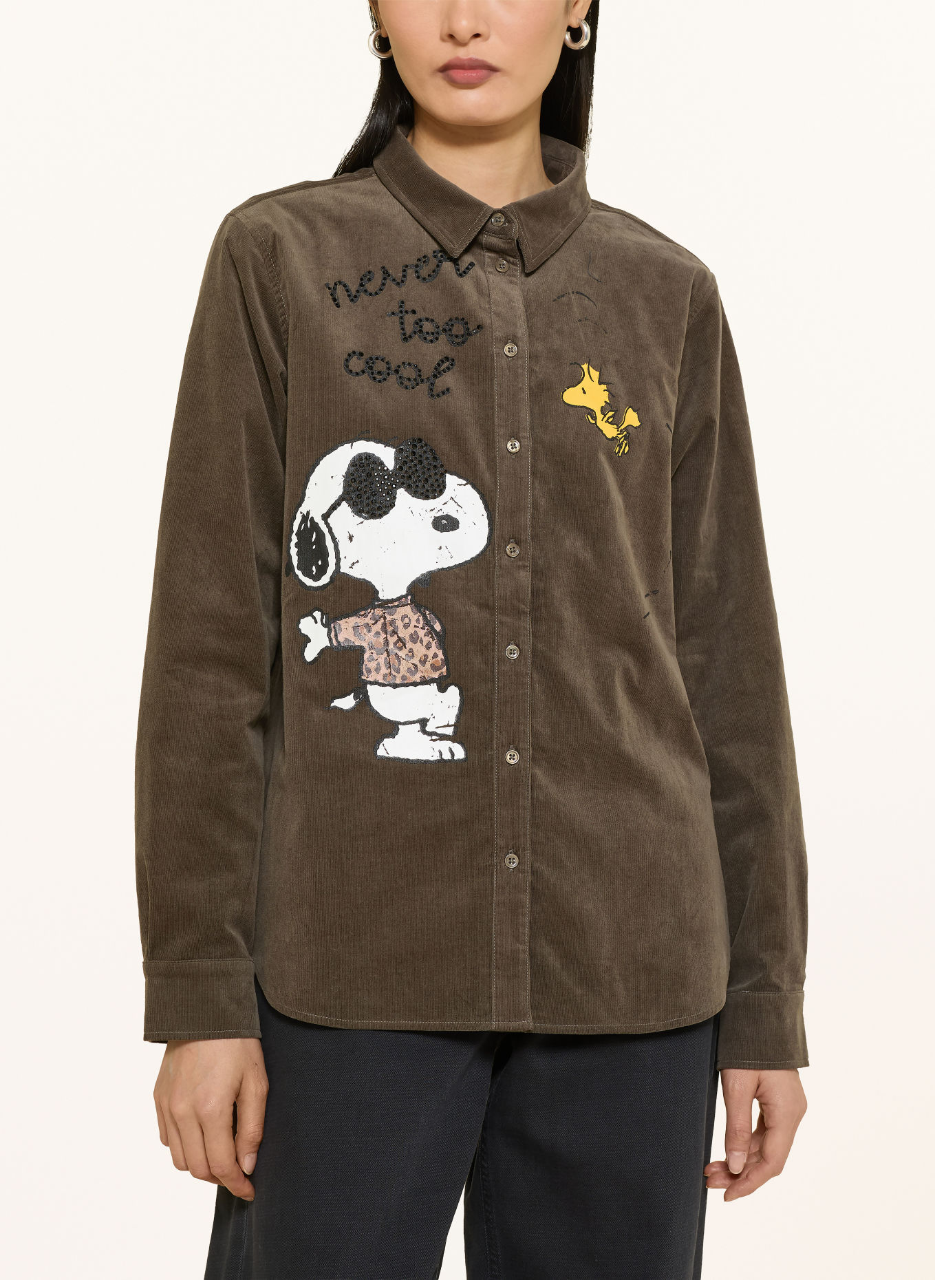 Princess GOES HOLLYWOOD Hemdbluse SNOOPY aus Cord und mit Schmucksteinen: KHAKI / GELB / WEISS