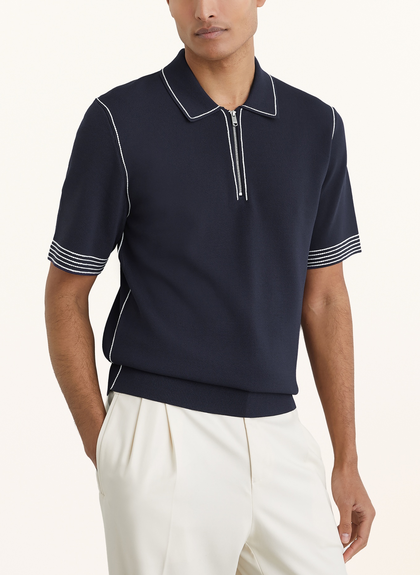 REISS Gebreid poloshirt MASON: DONKERBLAUW / WIT