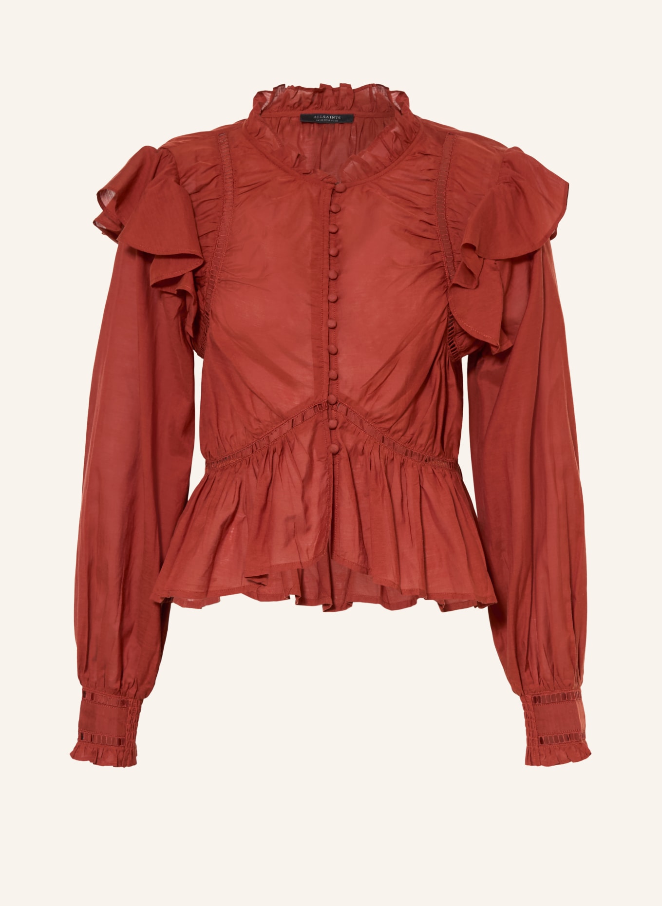 ALLSAINTS Blouse LIMA met opengewerkte kant en ruches: DONKERROOD
