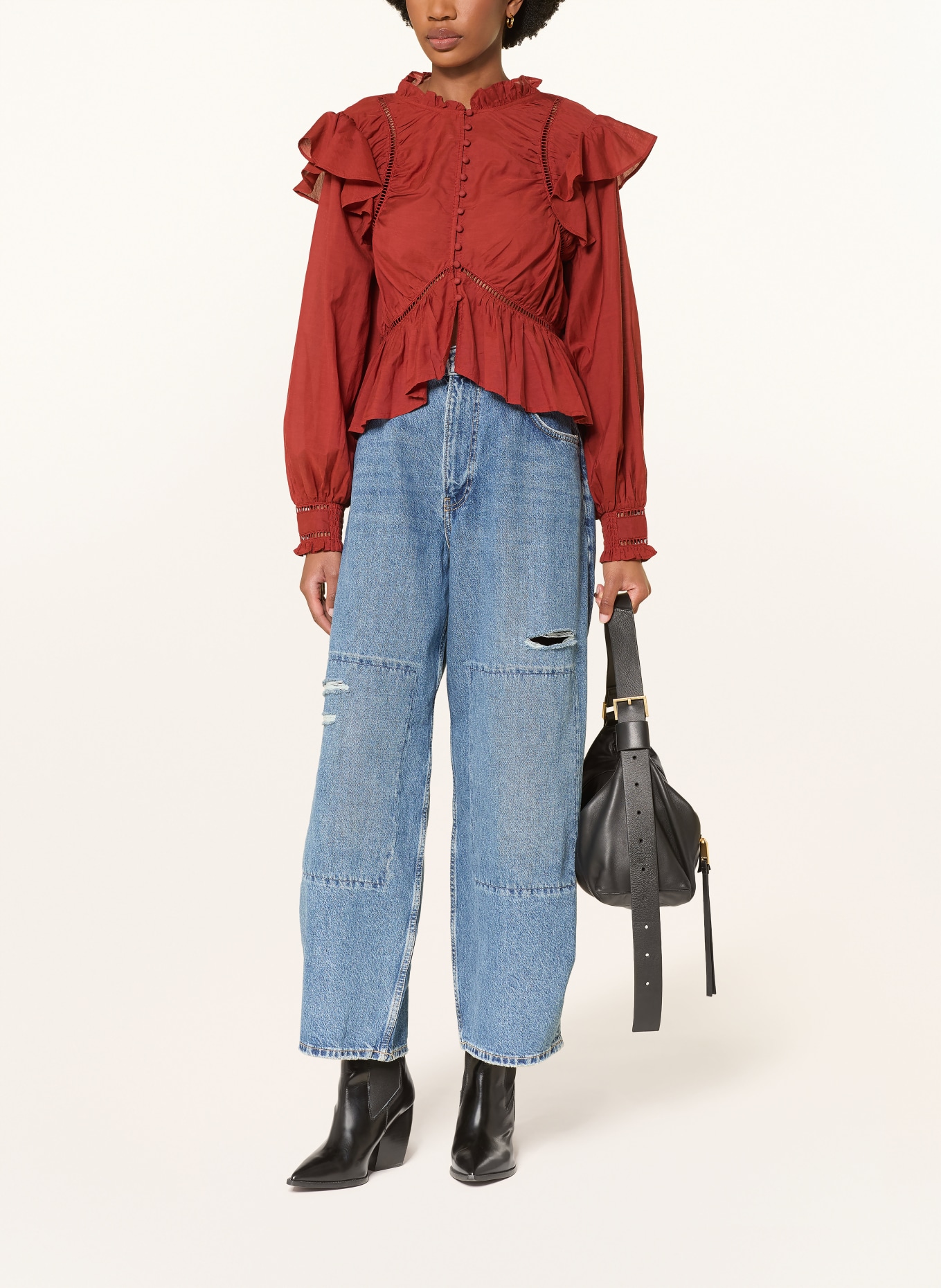 ALLSAINTS Blouse LIMA met opengewerkte kant en ruches: DONKERROOD