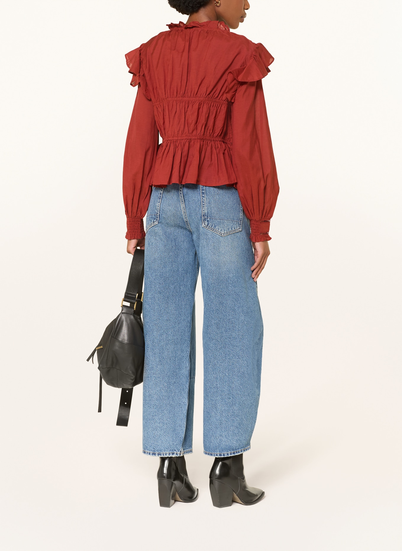 ALLSAINTS Blouse LIMA met opengewerkte kant en ruches: DONKERROOD