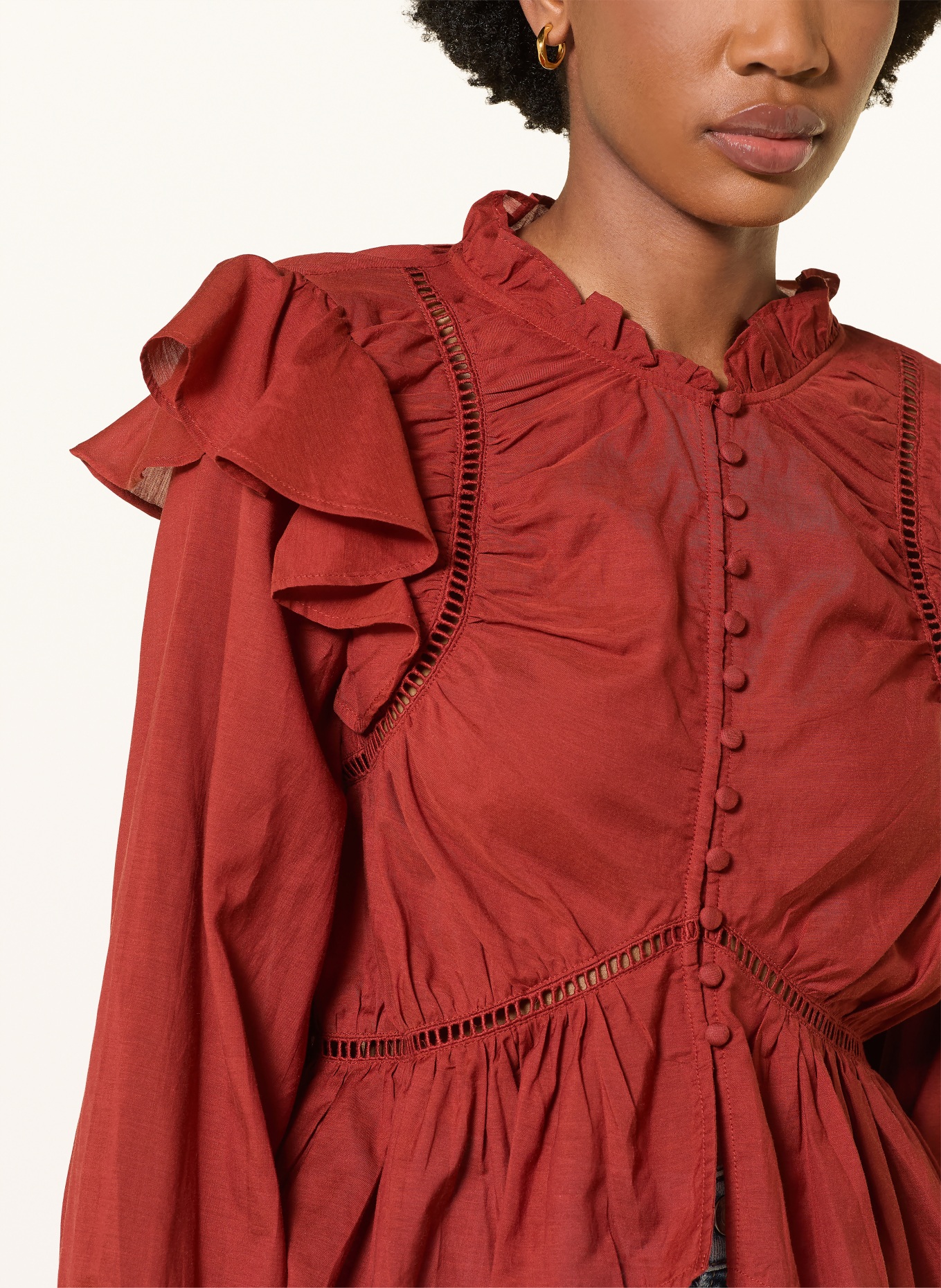 ALLSAINTS Blouse LIMA met opengewerkte kant en ruches: DONKERROOD