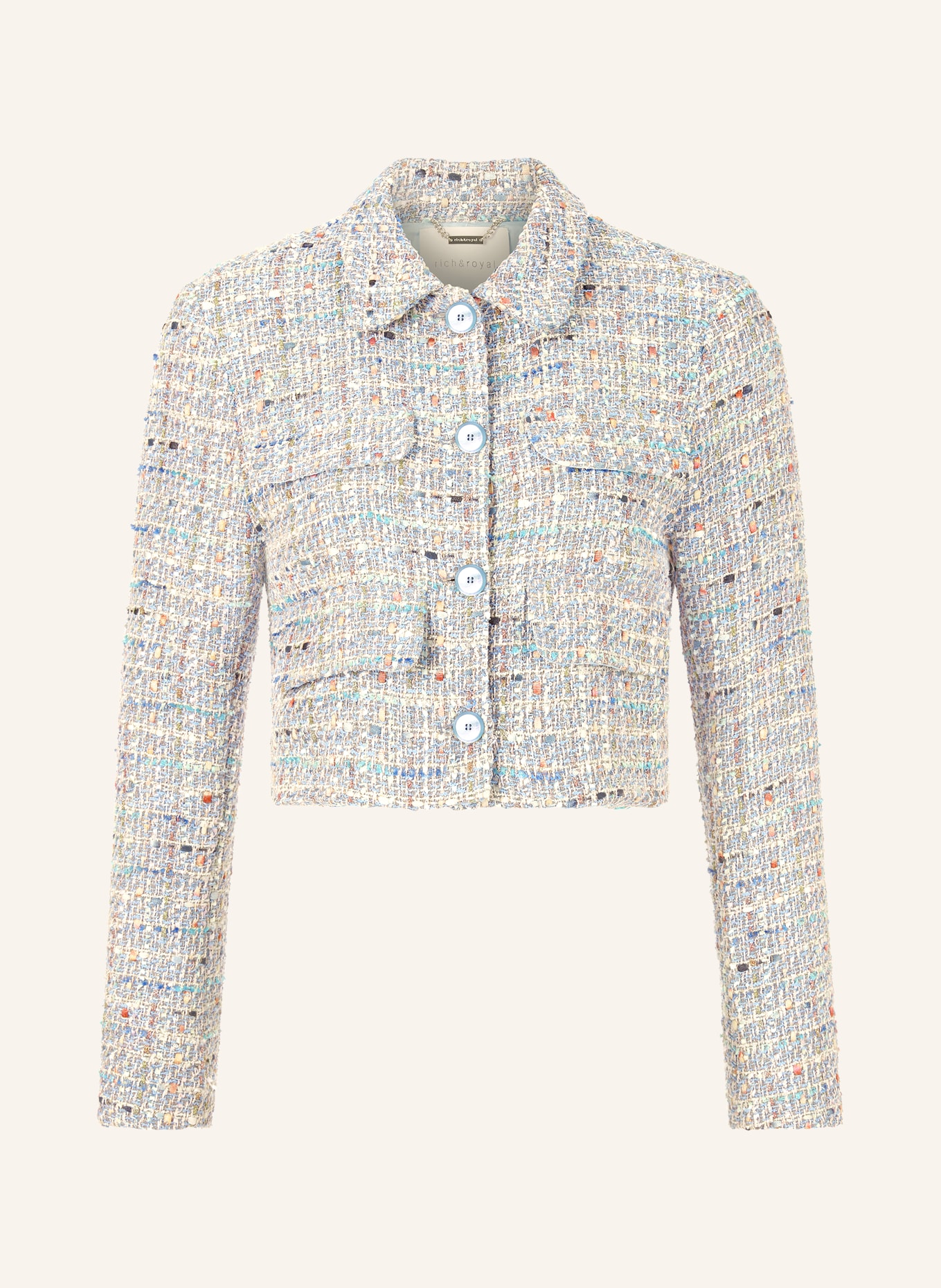 Rich & Royal Tweedjasje met pailletten: LICHTBLAUW / ROSÉ / CRÈME