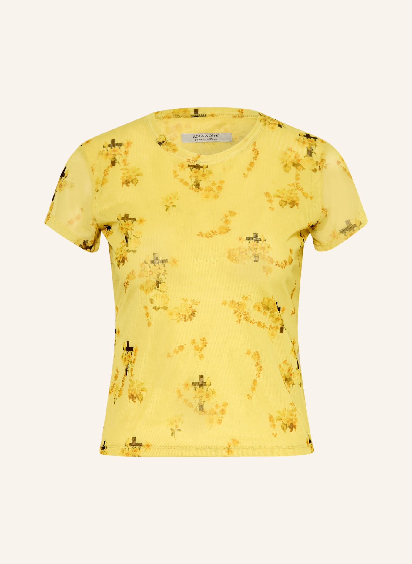 ALLSAINTS Tričko ELLIE z mesh materiálu: ŽLUTÁ / TMAVĚ HNĚDÁ / TMAVĚ ŽLUTÁ