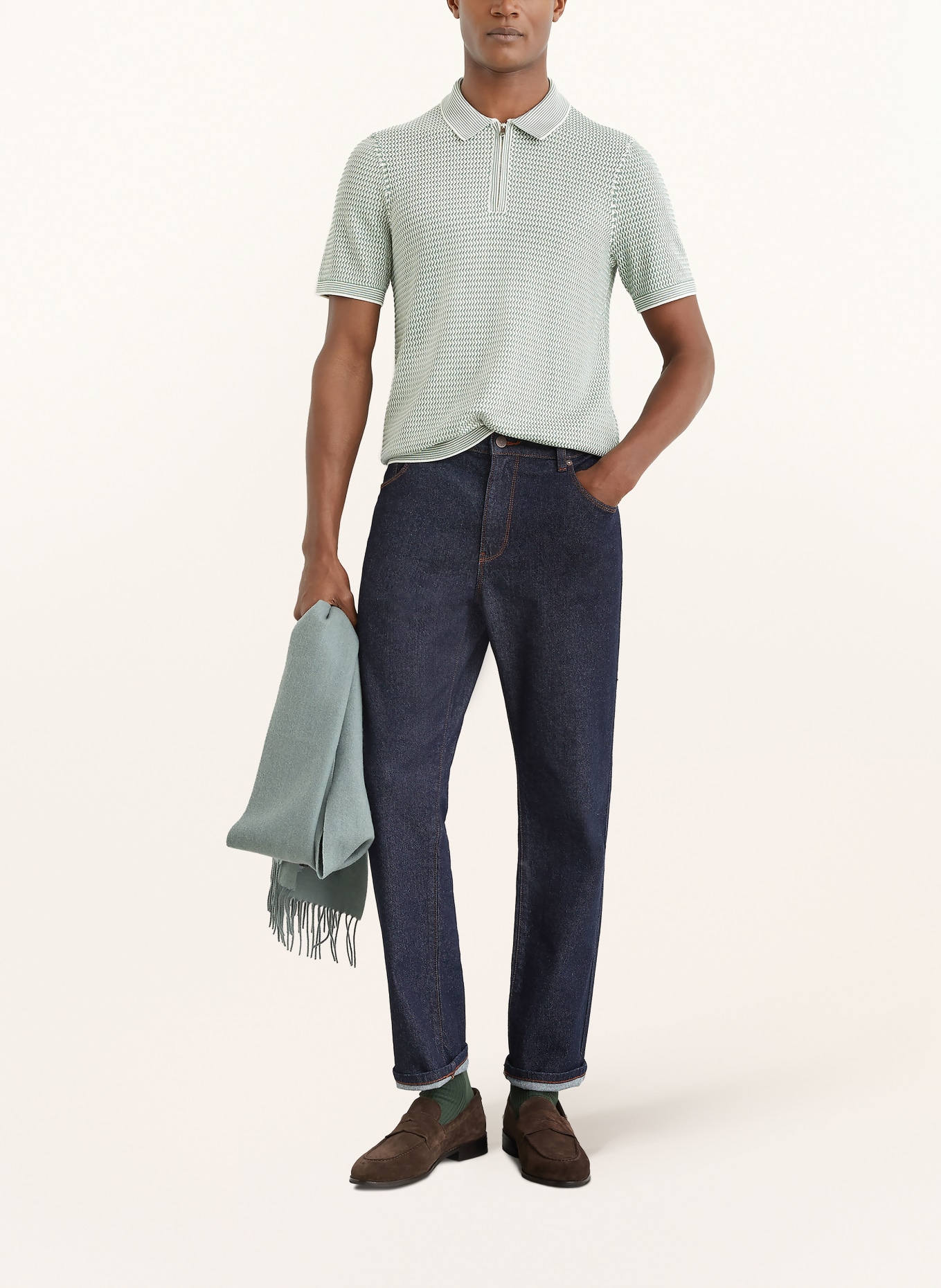 REISS Gebreid poloshirt BRINK: GROEN / WIT