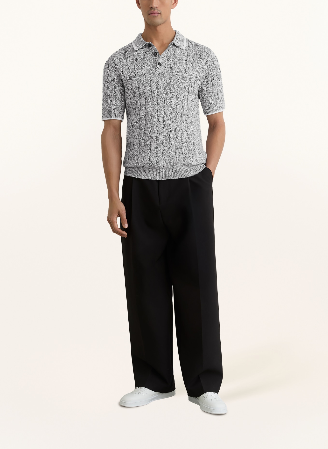 REISS Gebreid poloshirt DENBY: GRIJS / ZWART