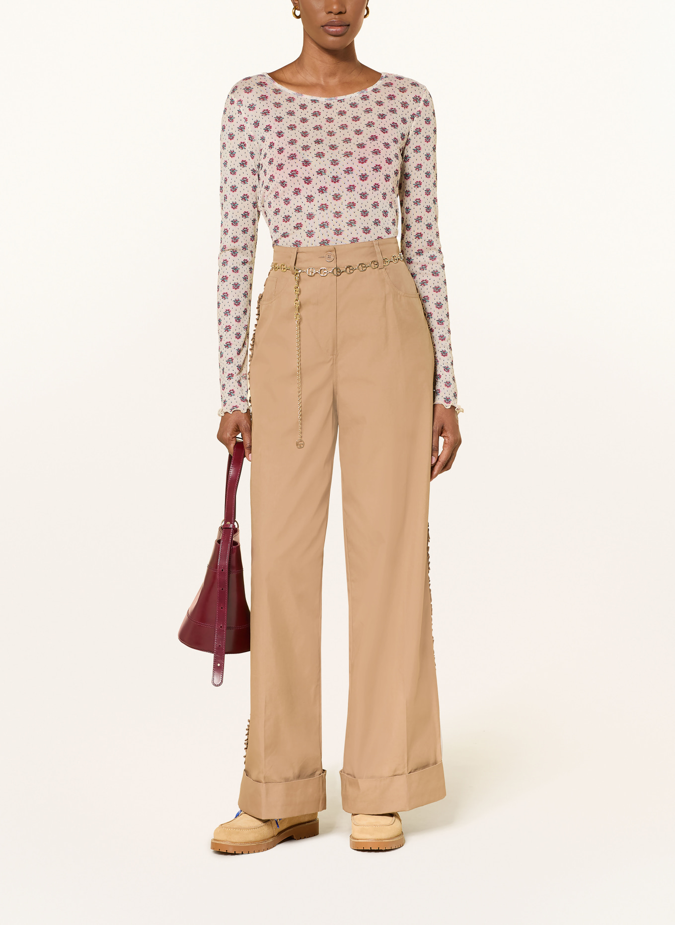 CLAUDIE PIERLOT Longsleeve aus Mesh: CREME / DUNKELROT / PETROL