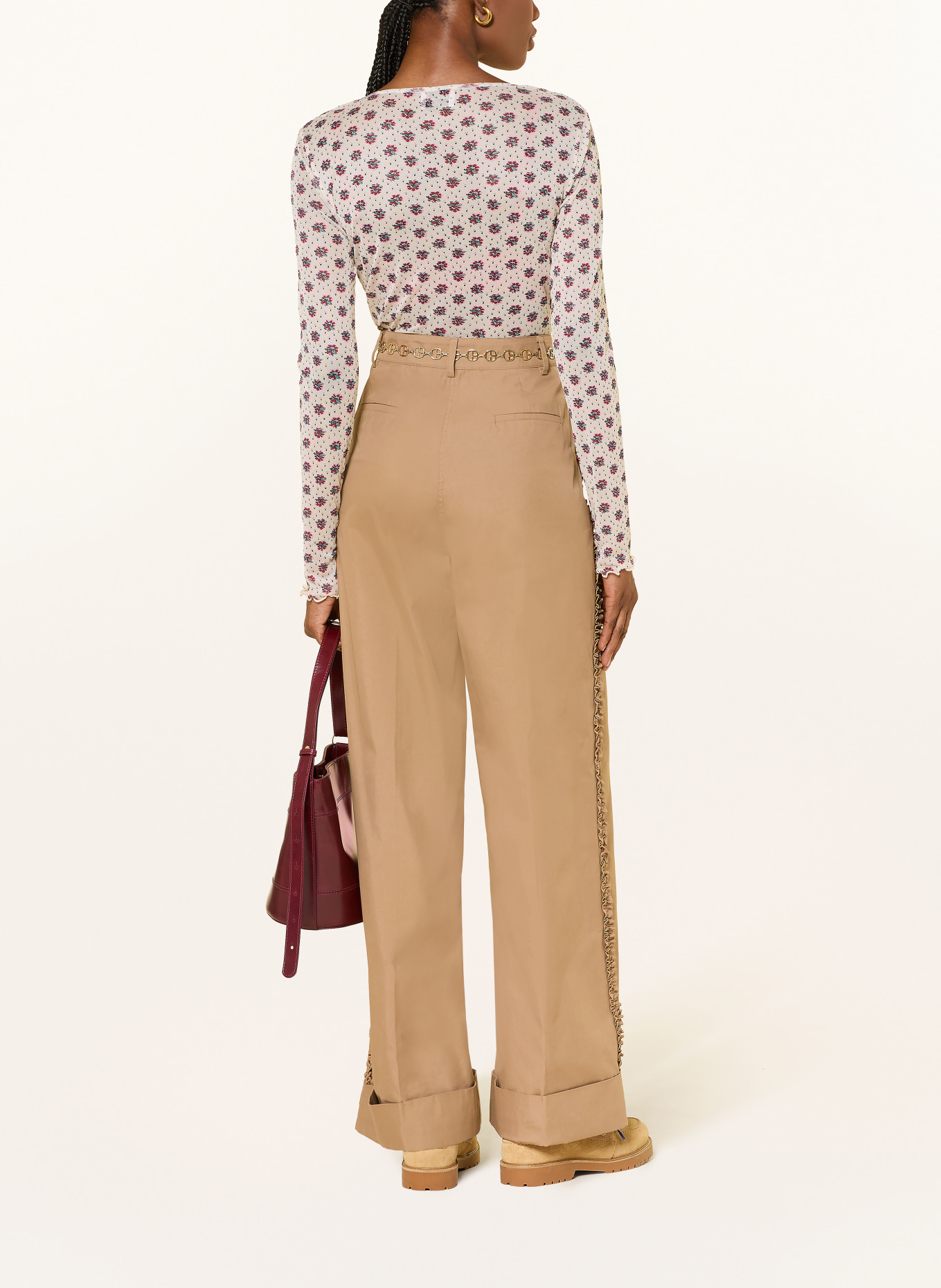 CLAUDIE PIERLOT Longsleeve aus Mesh: CREME / DUNKELROT / PETROL