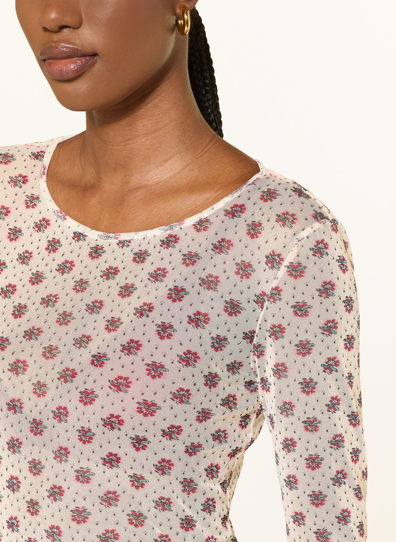 CLAUDIE PIERLOT Longsleeve aus Mesh: CREME / DUNKELROT / PETROL