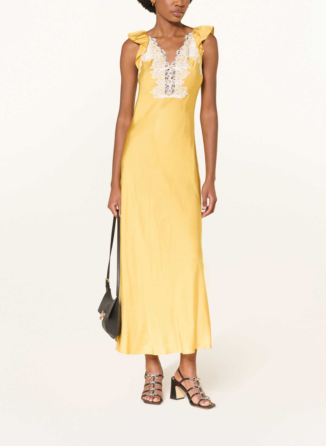 CLAUDIE PIERLOT Satynowa sukienka z koronką: CIEMNOŻÓŁTY / BIAŁY