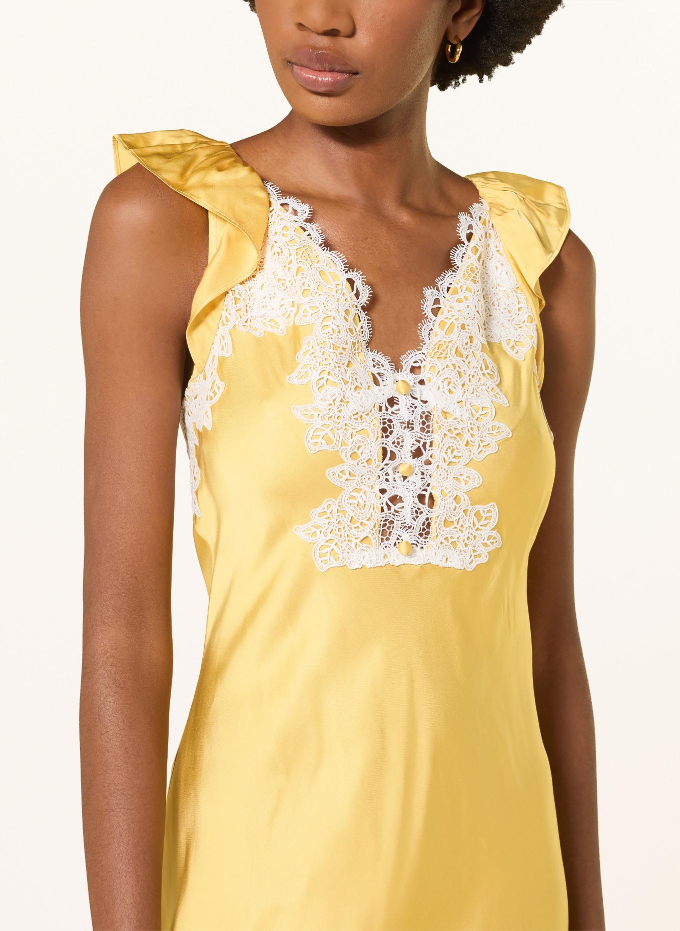 CLAUDIE PIERLOT Satynowa sukienka z koronką: CIEMNOŻÓŁTY / BIAŁY