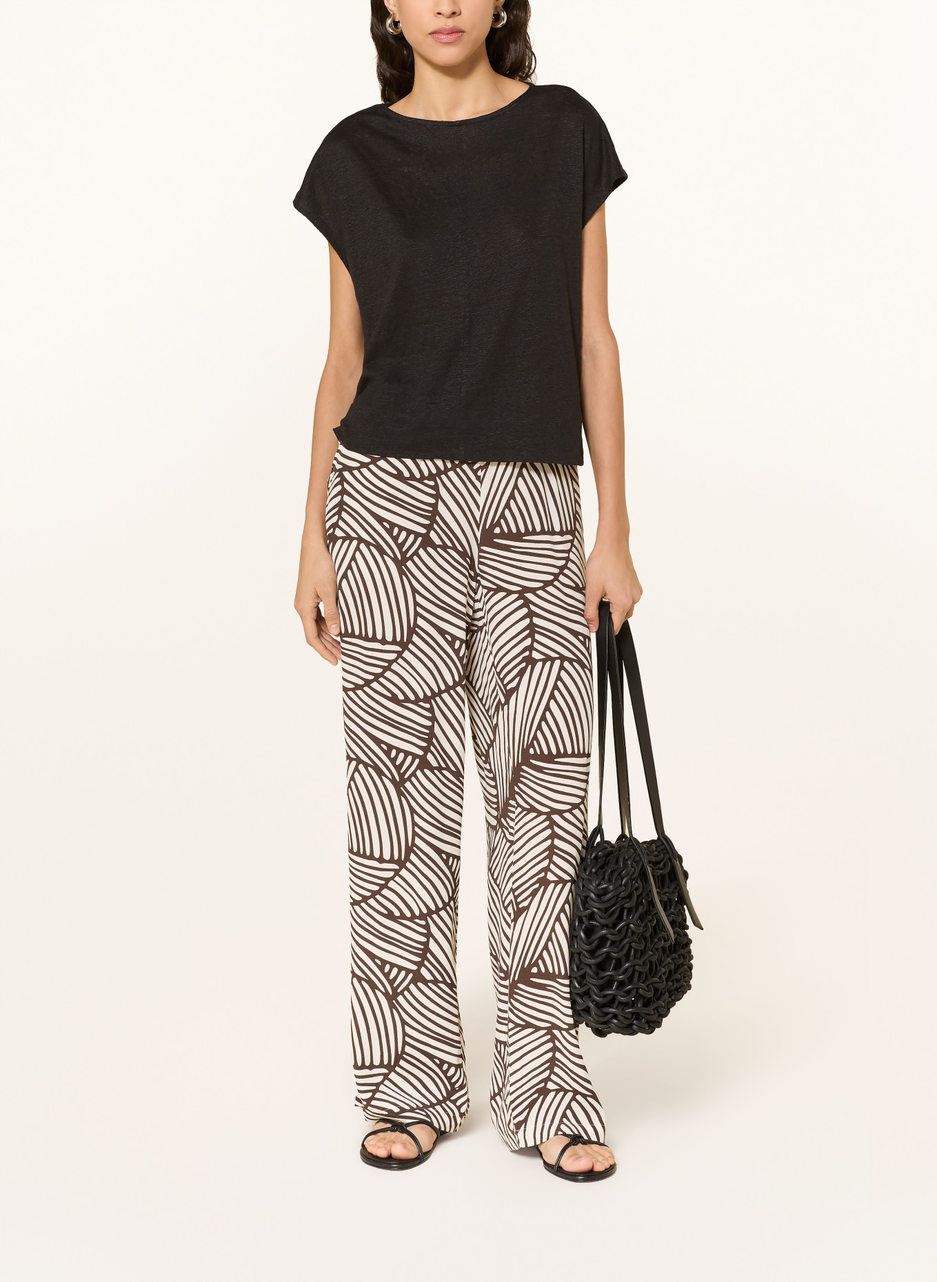 OPUS Spodnie z marlowej tkaniny MAROU: CIEMNOBRĄZOWY / ECRU