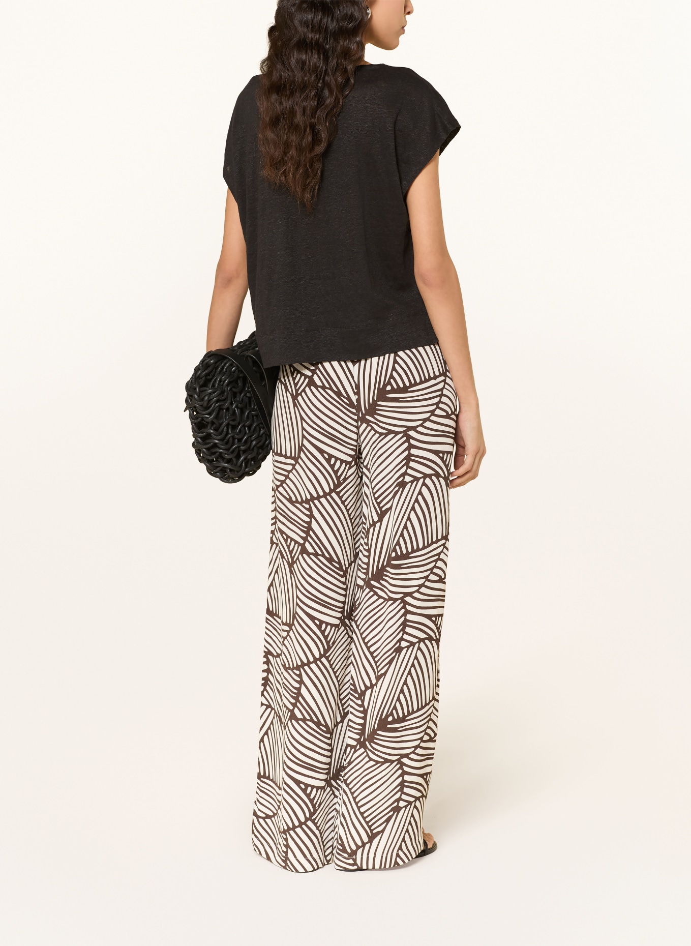 OPUS Spodnie z marlowej tkaniny MAROU: CIEMNOBRĄZOWY / ECRU