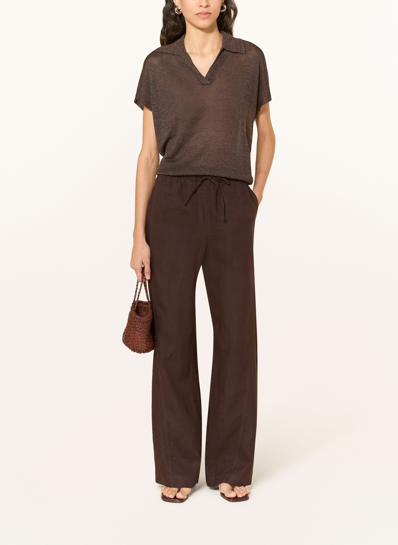 OPUS Spodnie z lnu MILENI: CIEMNOBRĄZOWY