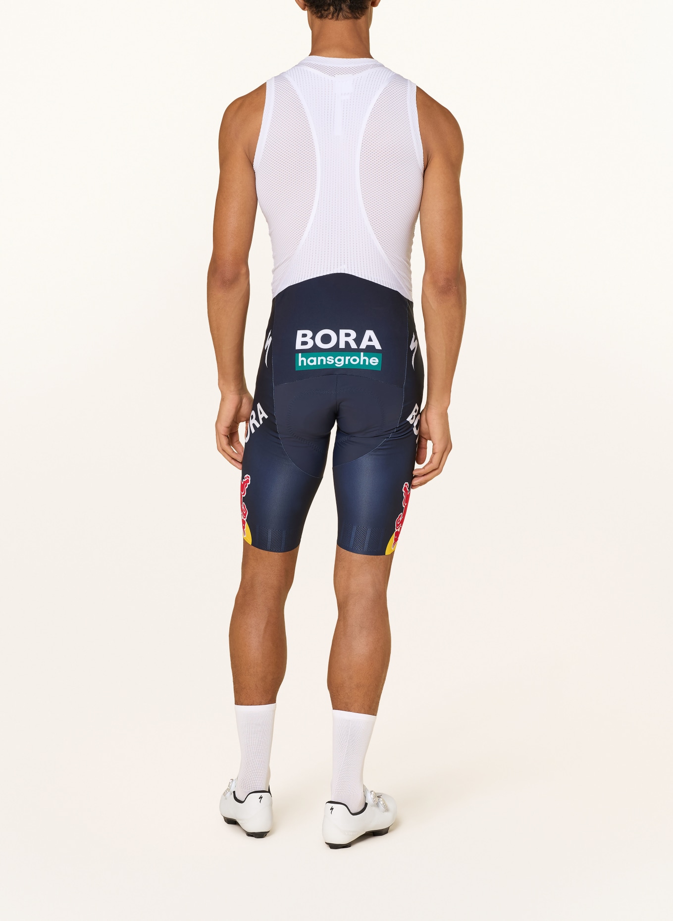 SPECIALIZED RED BULL BORA HANSGROHE REPLICA Cycling Shorts with Straps and Padded Seat Panel: DARK BLUE / WHITE