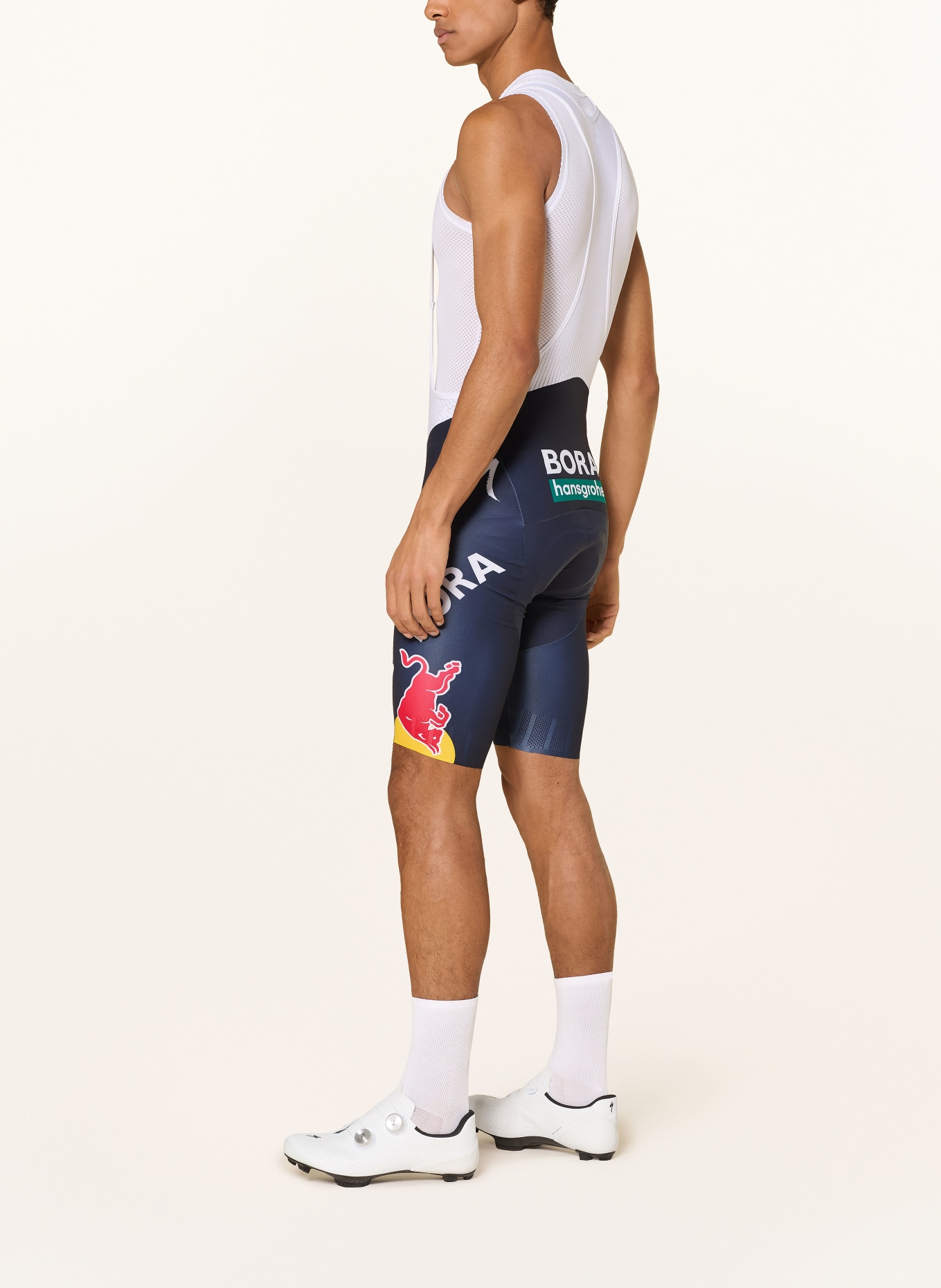 SPECIALIZED RED BULL BORA HANSGROHE REPLICA Cycling Shorts with Straps and Padded Seat Panel: DARK BLUE / WHITE