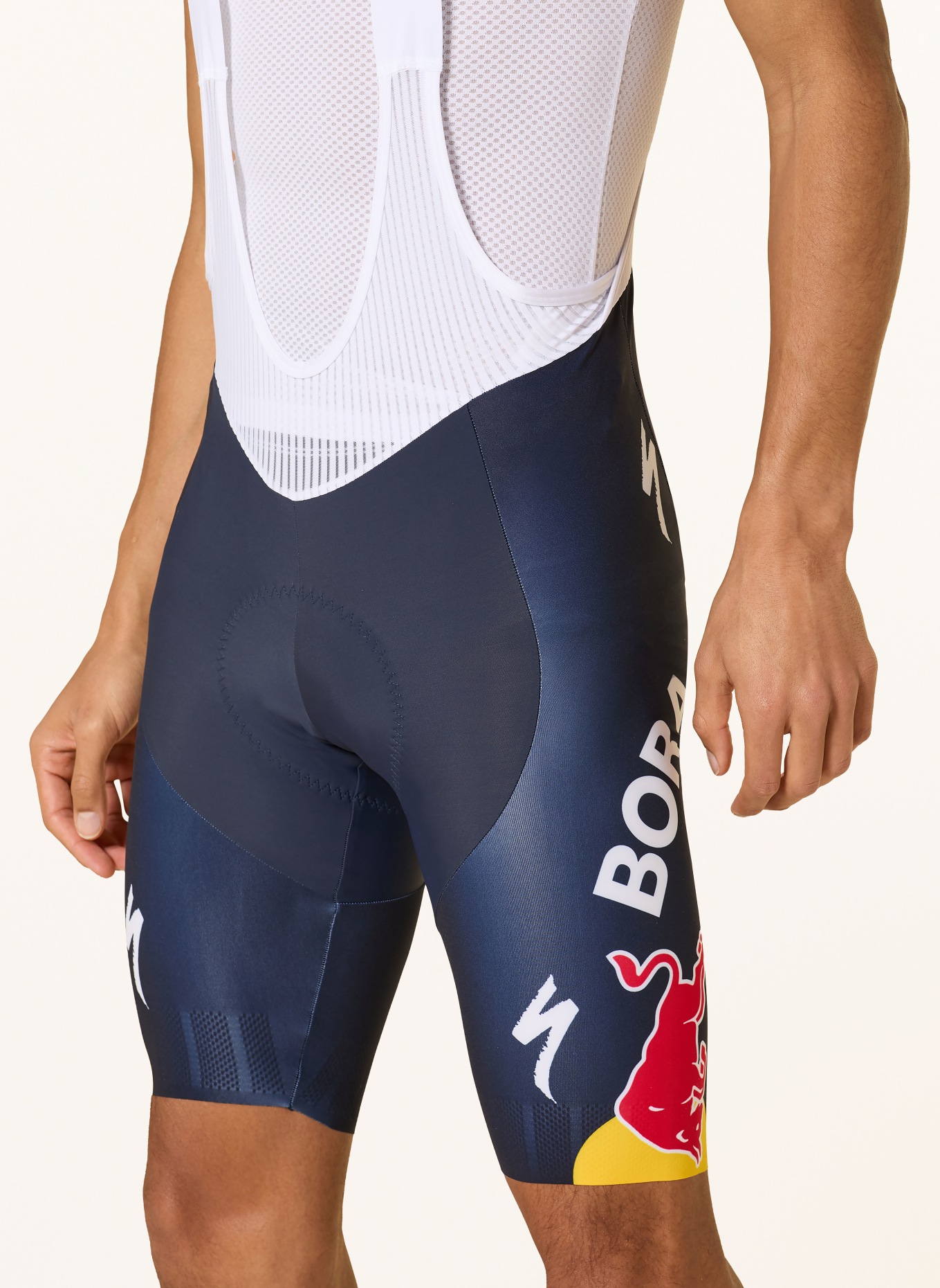 SPECIALIZED RED BULL BORA HANSGROHE REPLICA Cycling Shorts with Straps and Padded Seat Panel: DARK BLUE / WHITE