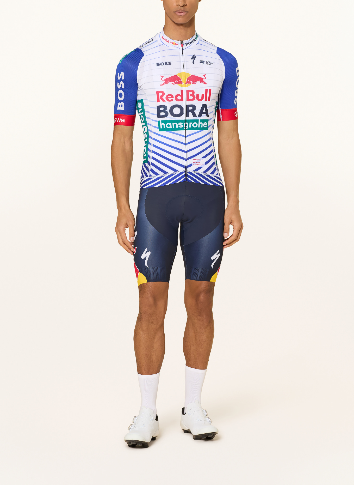 SPECIALIZED RED BULL BORA HANSGROHE REPLICA Cycling Shorts with Straps and Padded Seat Panel: DARK BLUE / WHITE