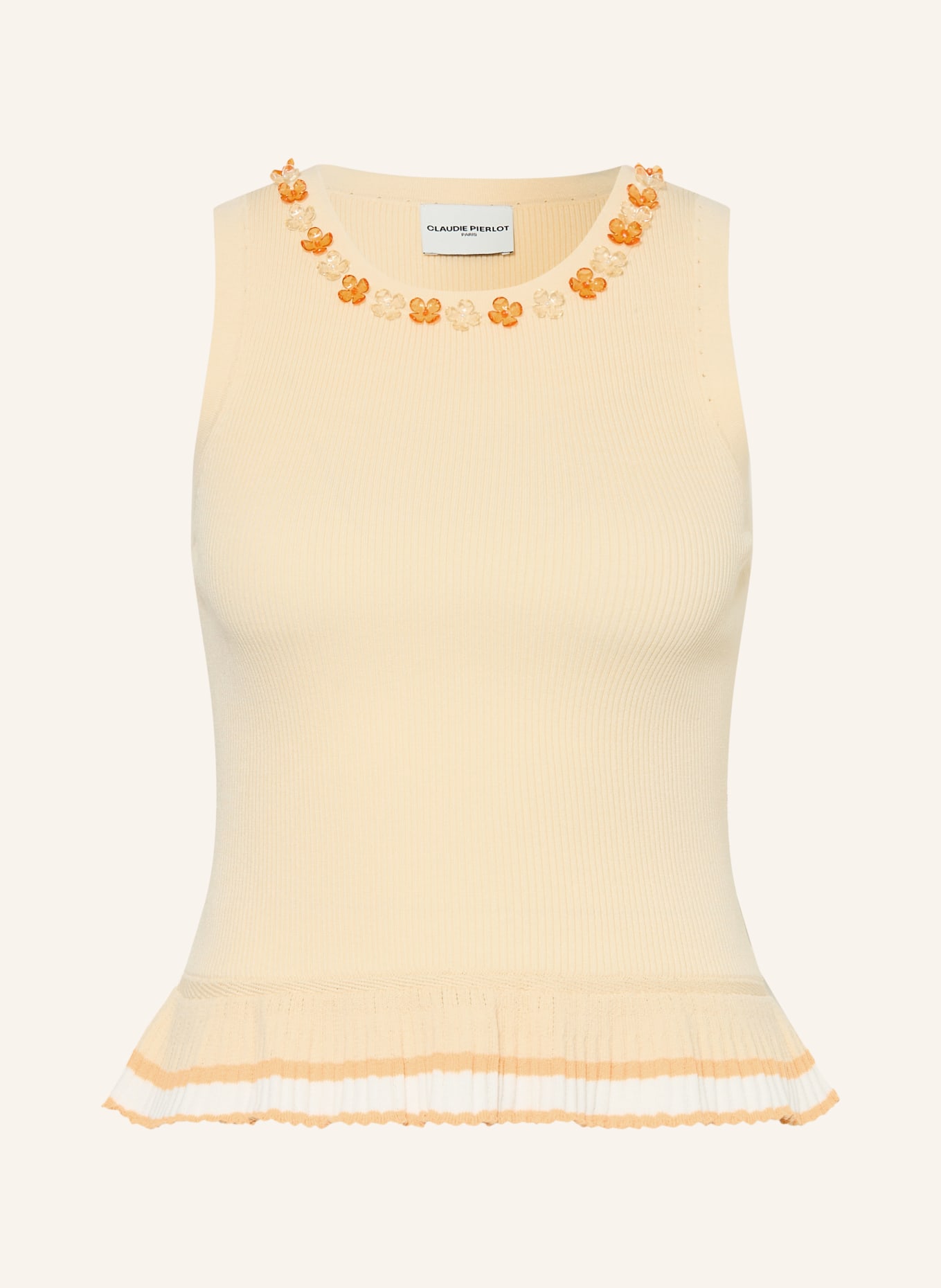 CLAUDIE PIERLOT Sweter z dzianiny z ozdobnymi koralikami i falbankami: JASNOPOMARAŃCZOWY / ŁOSOSIOWY / BIAŁY
