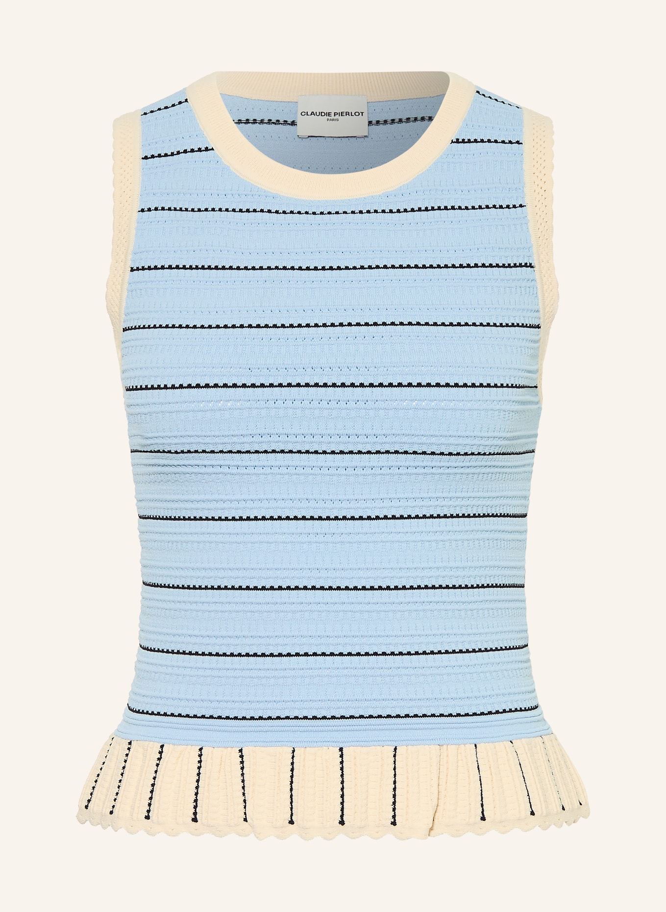 CLAUDIE PIERLOT Stricktop mit Rüschen: HELLBLAU / CREME / SCHWARZ