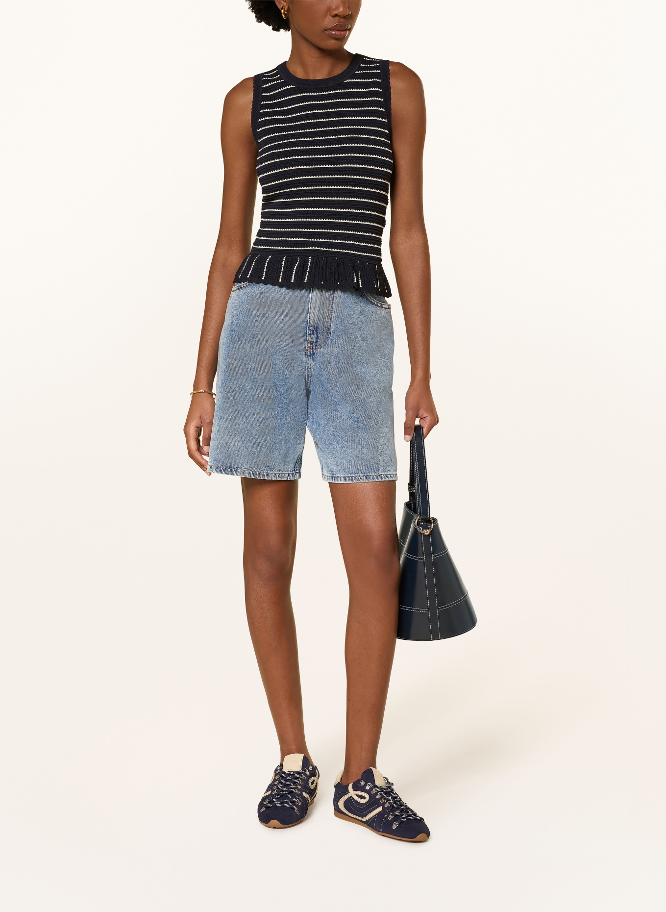 CLAUDIE PIERLOT Stricktop mit Rüschen: DUNKELBLAU / CREME