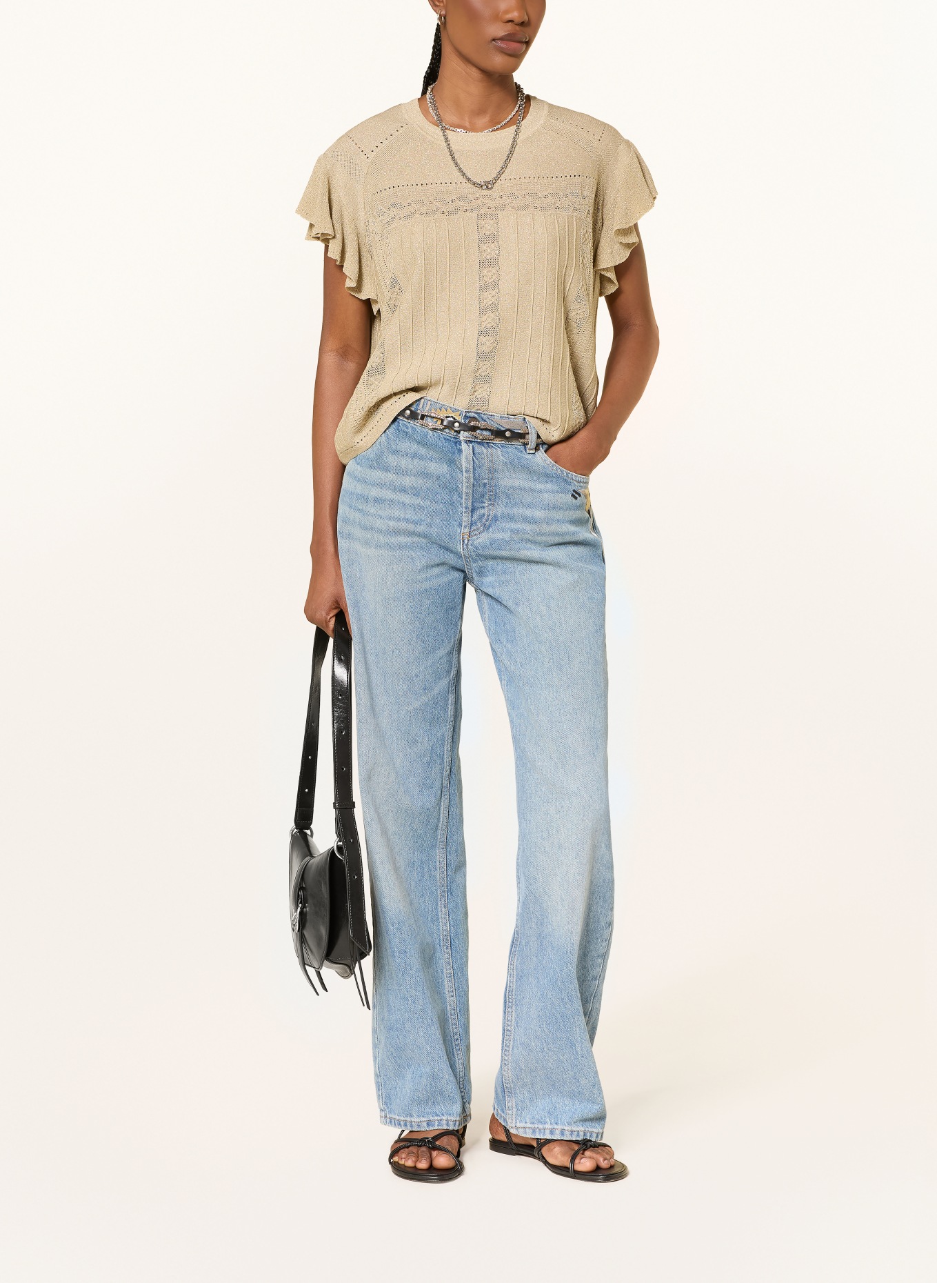 ba&sh Strickshirt mit Glitzergarn und Volants: BEIGE / GOLD