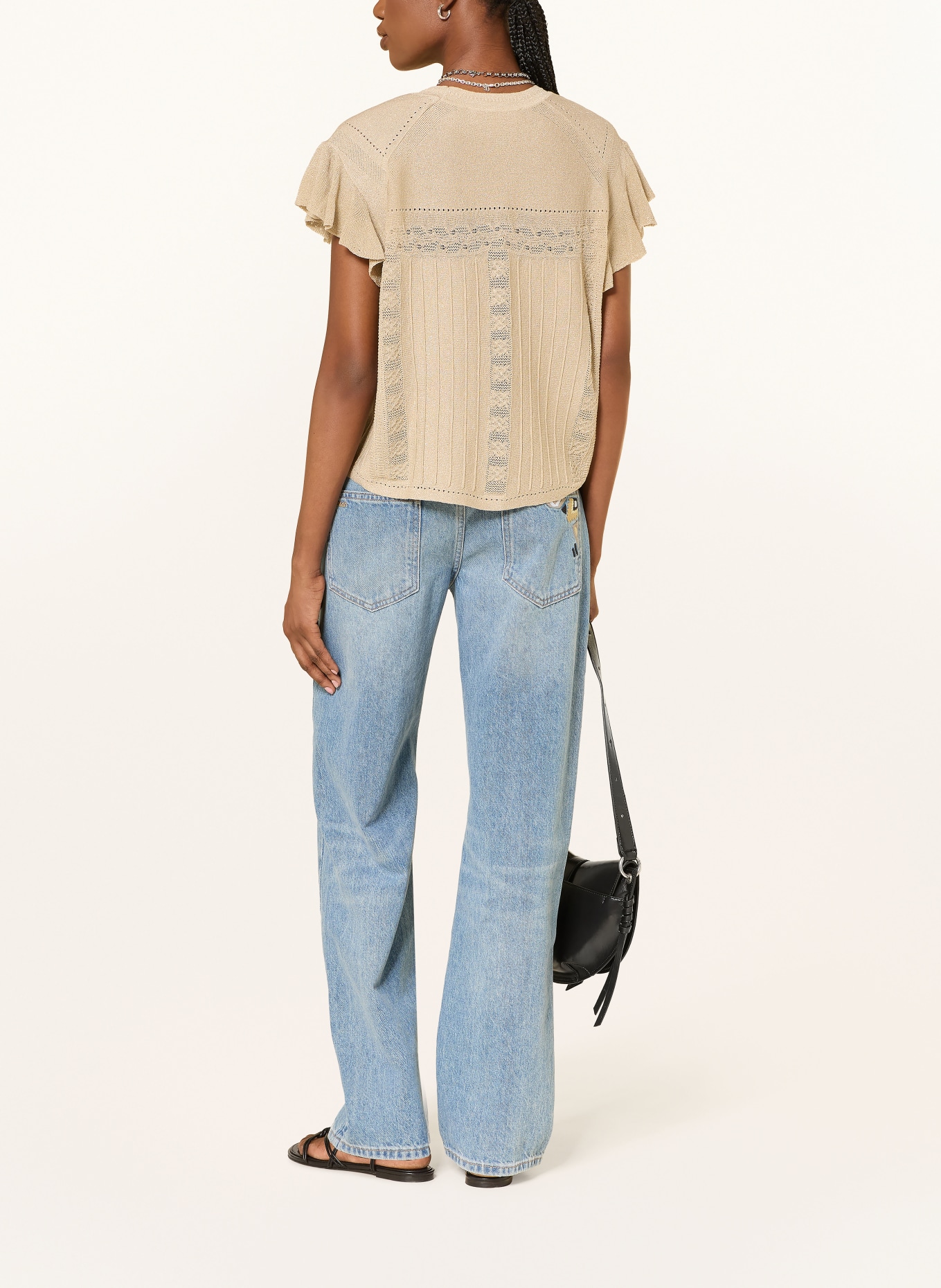 ba&sh Strickshirt mit Glitzergarn und Volants: BEIGE / GOLD