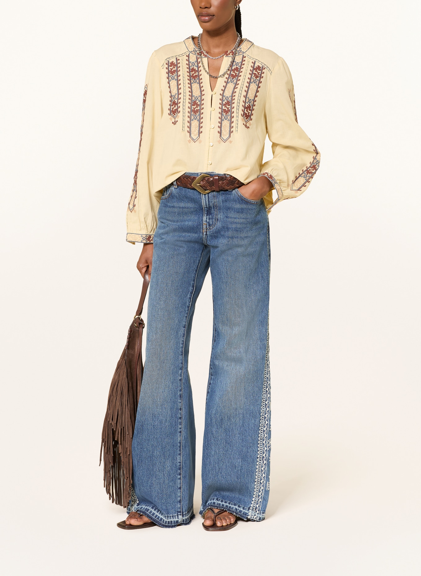 ba&sh Bluse FAUSTINA mit Spitze: CREME / BRAUN / DUNKELBLAU