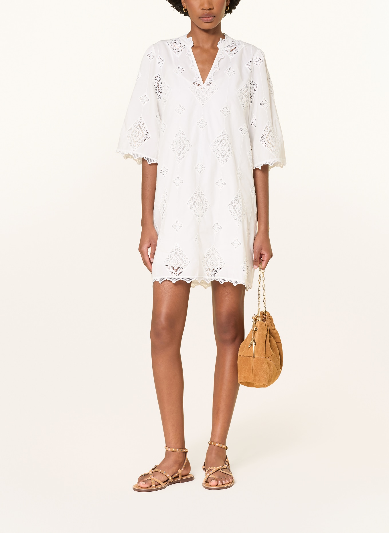 ba&sh Kleid MALO mit Lochspitze und 3/4-Arm: WEISS