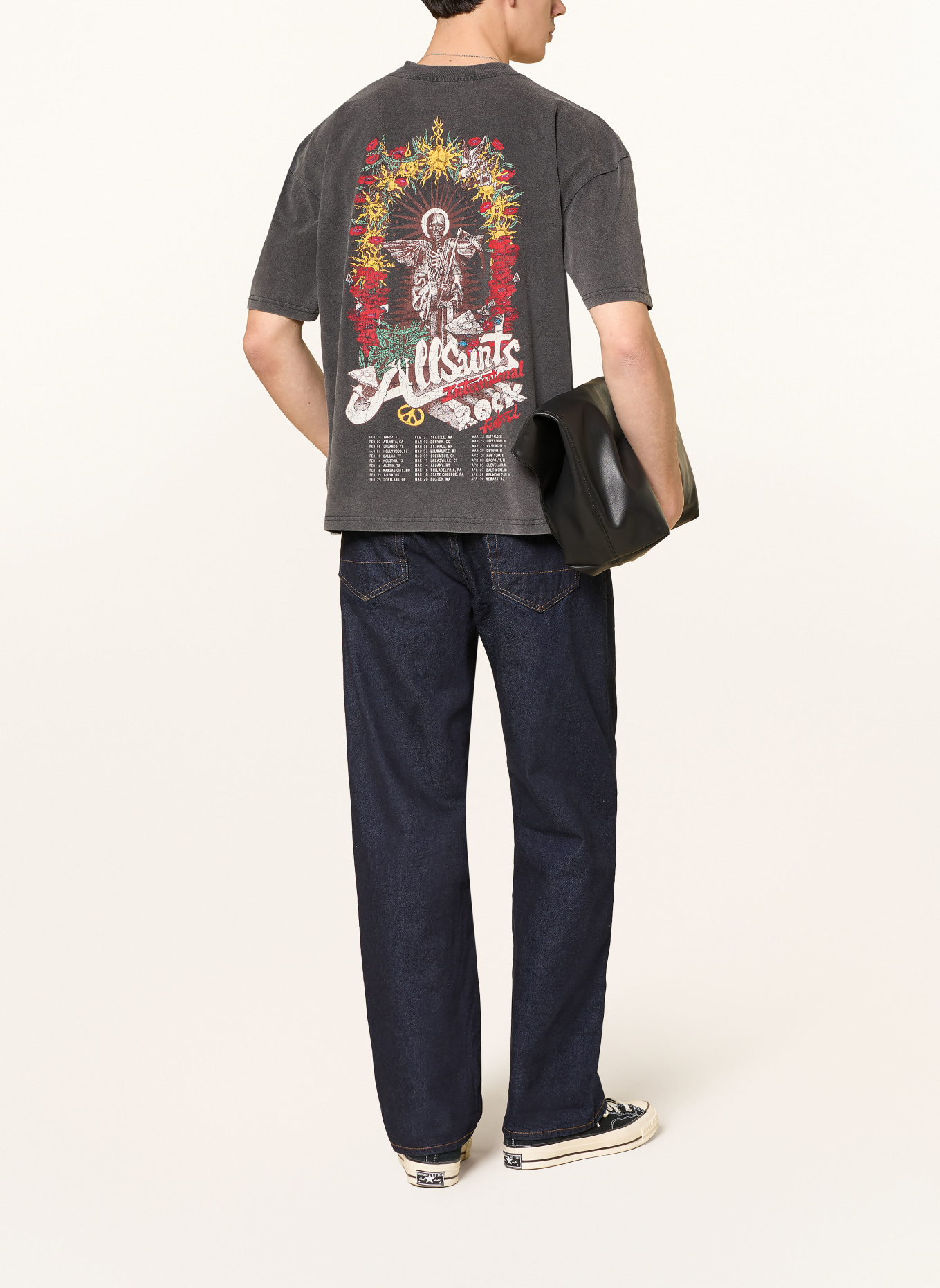 ALLSAINTS T-shirt ROQUE: DONKERGRIJS / DONKERROOD / GEEL